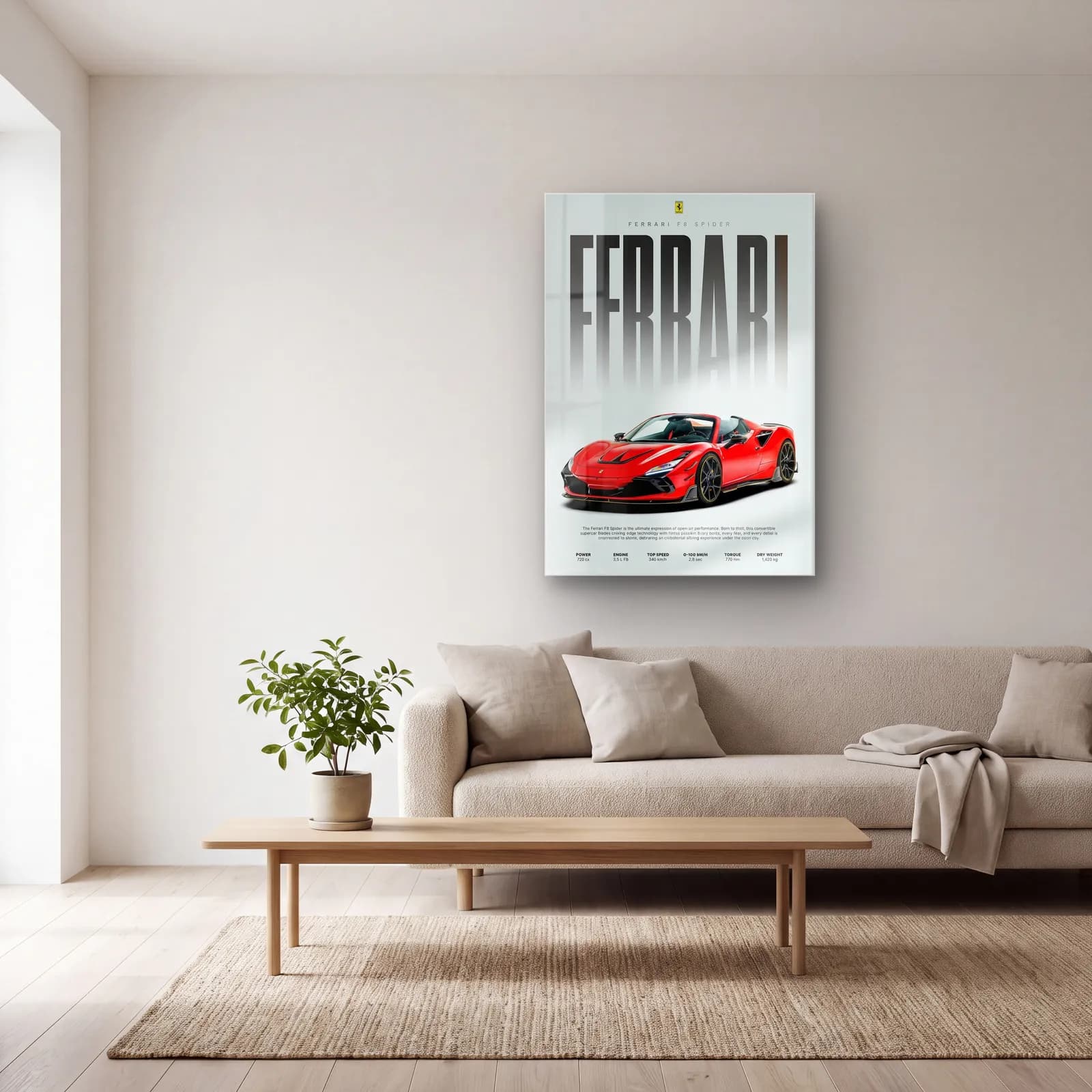 Ferrari F8 Spider Posteri cam tablo — açık renk salonda