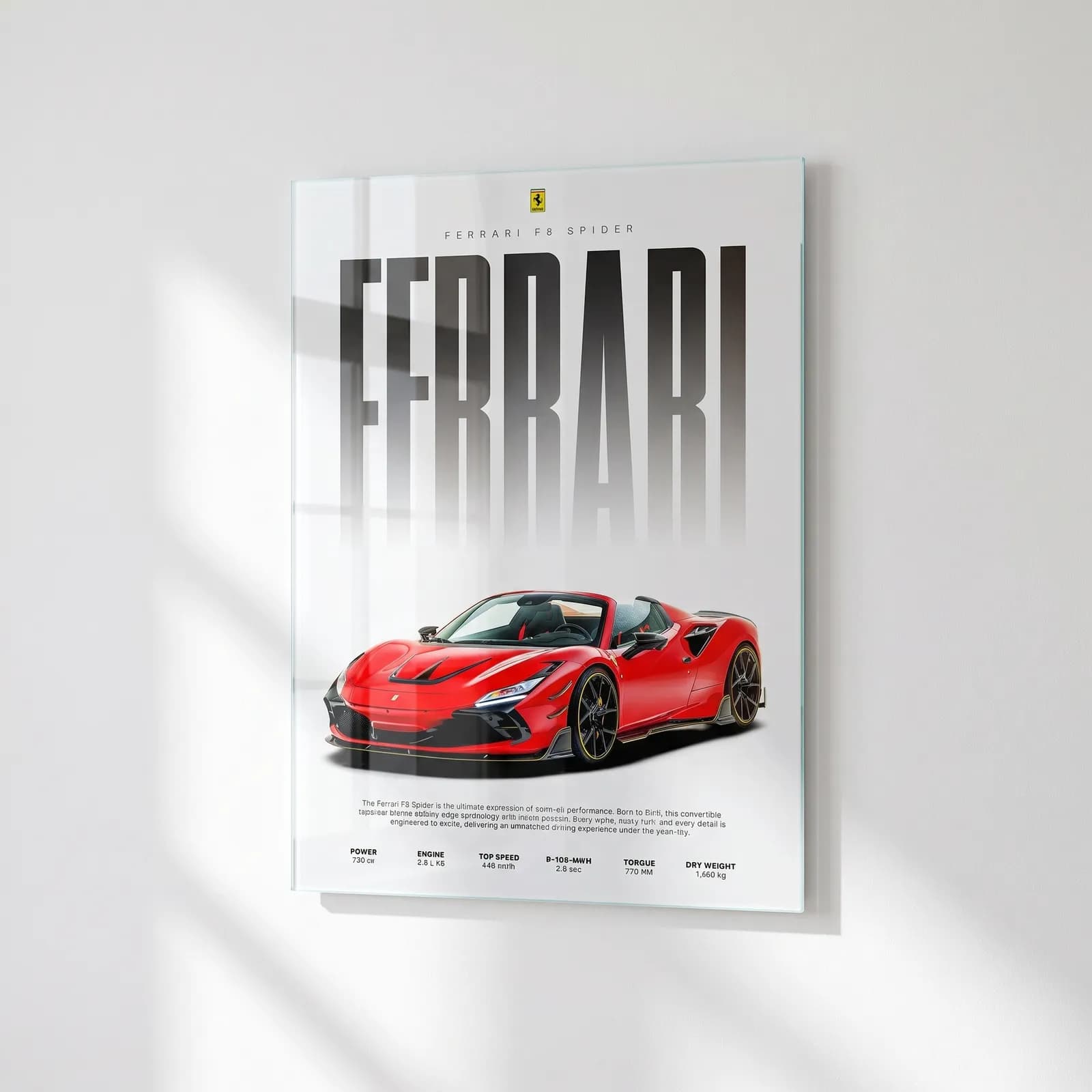 Ferrari F8 Spider Posteri cam tablo — sağ açıdan görünüm
