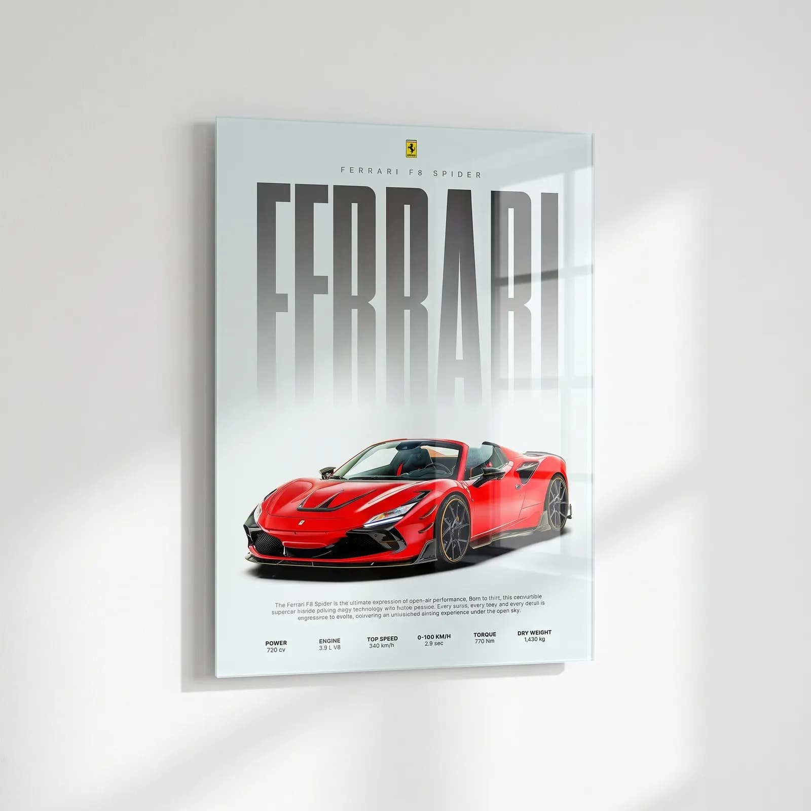 Ferrari F8 Spider Posteri cam tablo — sol açıdan görünüm