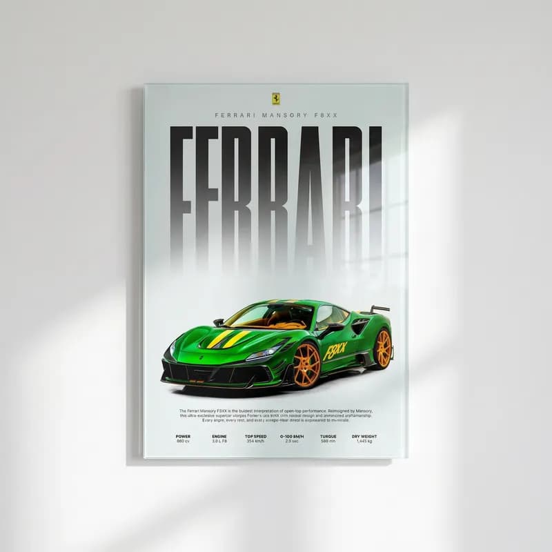 Ferrari Mansory F8XX Posteri cam tablo — Gri zeminde Ferrari yazısı altında yeşil sarı Mansory F8XX