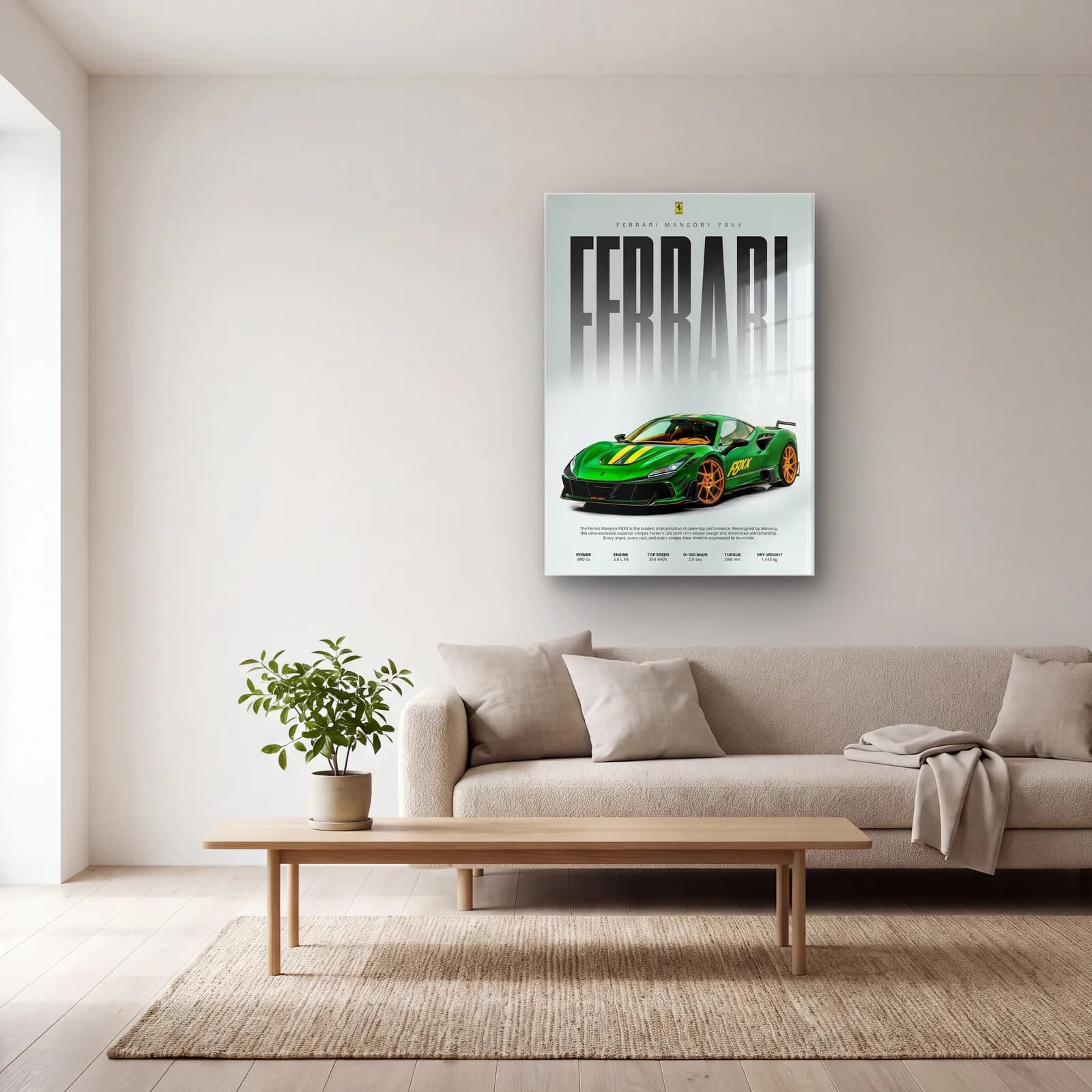 Ferrari Mansory F8XX Posteri cam tablo — açık renk salonda