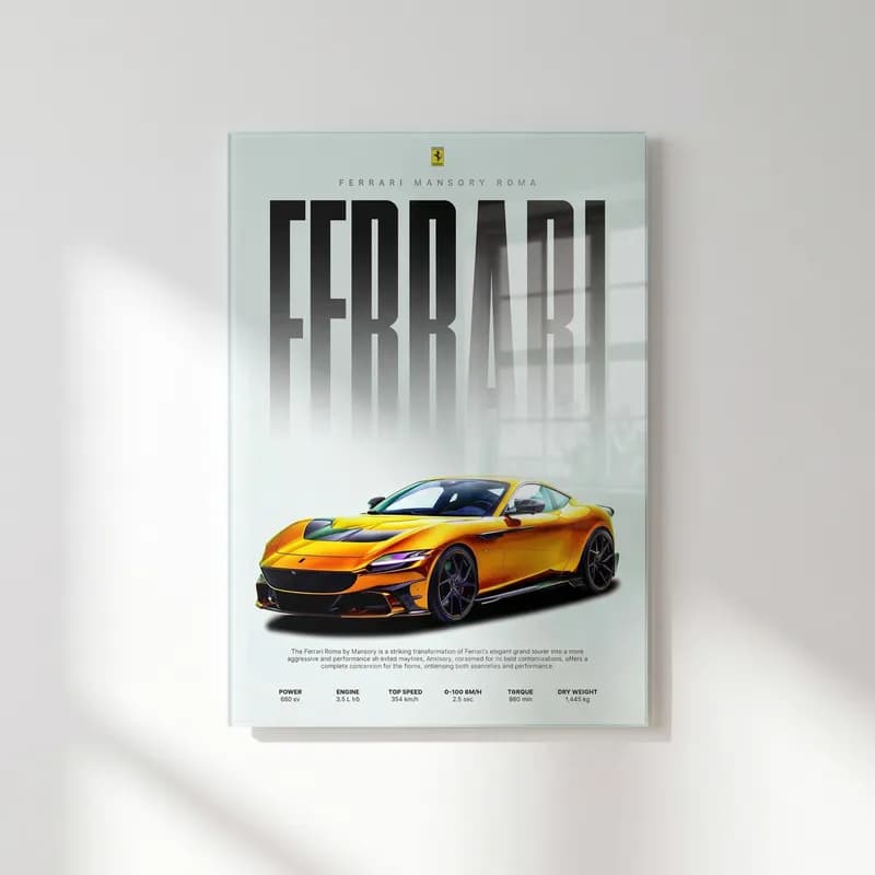 Ferrari Mansory Roma Posteri cam tablo — Gri zeminde Ferrari yazısı altında altın sarısı Ferrari Mansory Roma