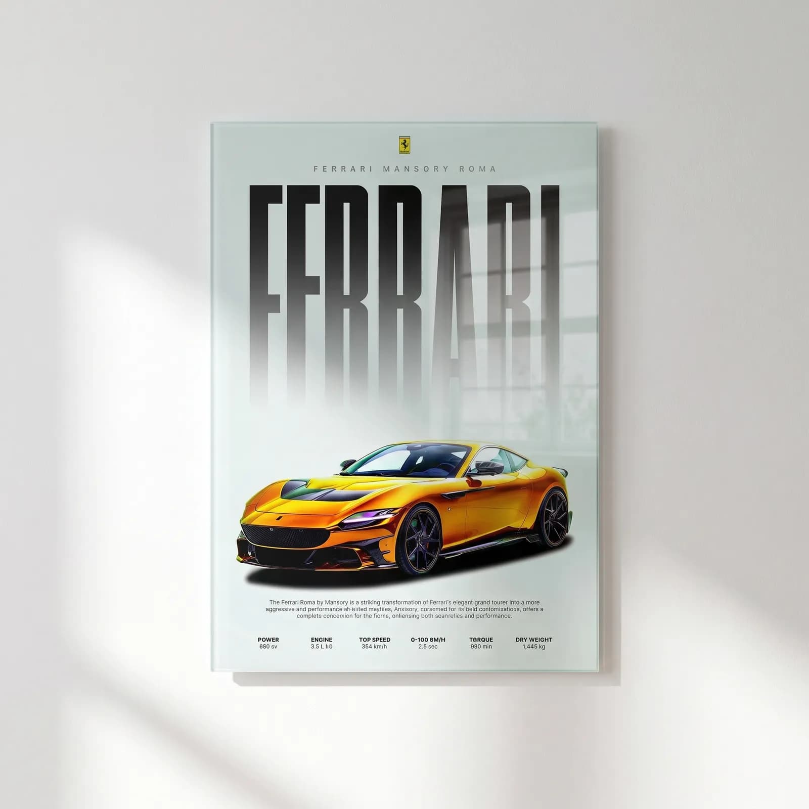 Ferrari Mansory Roma Posteri cam tablo — Gri zeminde Ferrari yazısı altında altın sarısı Ferrari Mansory Roma