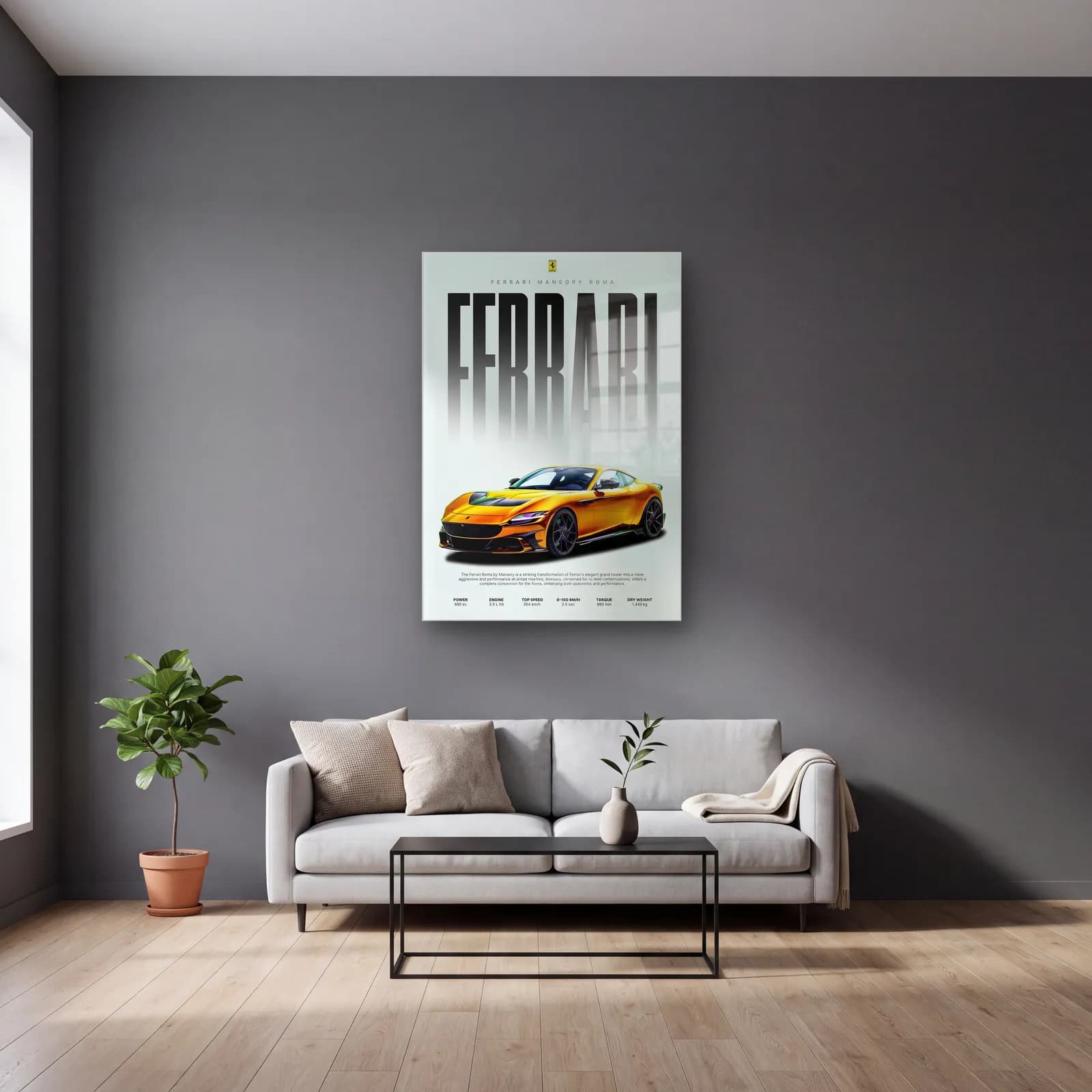 Ferrari Mansory Roma Posteri cam tablo — gri duvarlı salonda