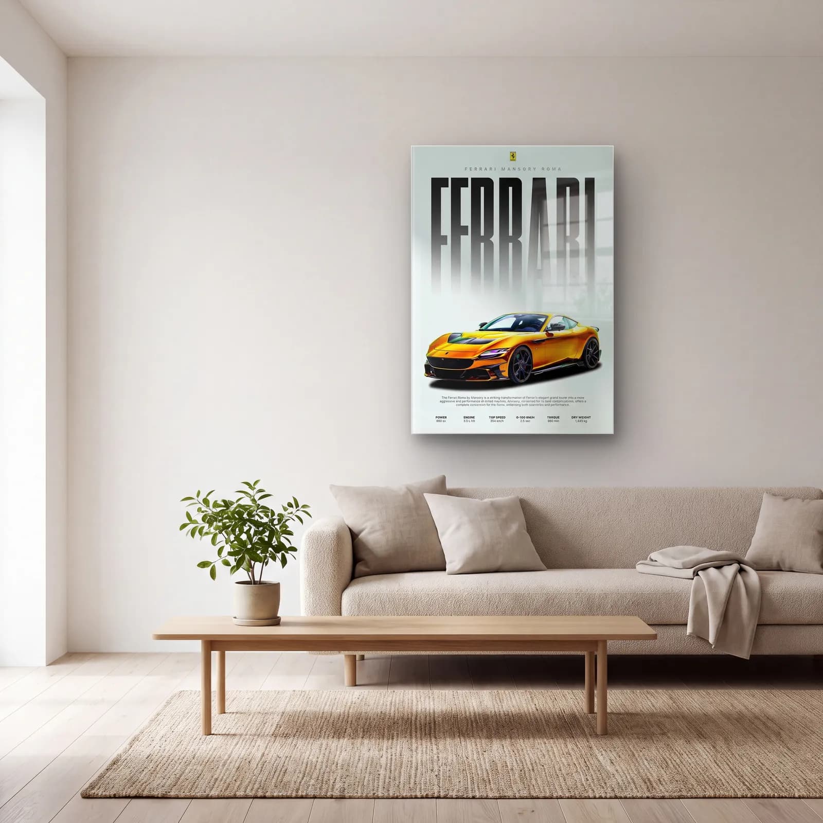 Ferrari Mansory Roma Posteri cam tablo — açık renk salonda
