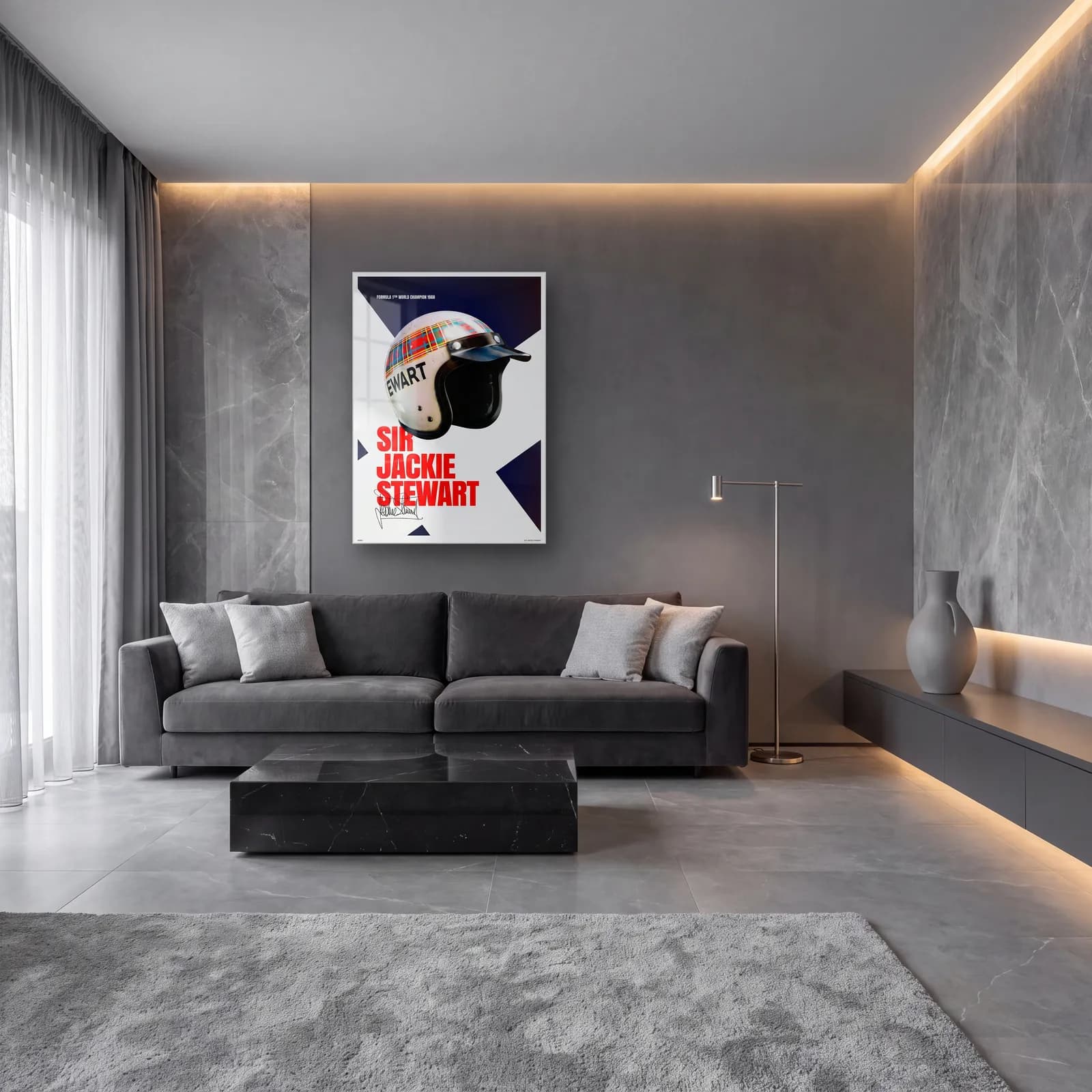 Sir Jackie Stewart Kaskı cam tablo — lüks salon duvarında