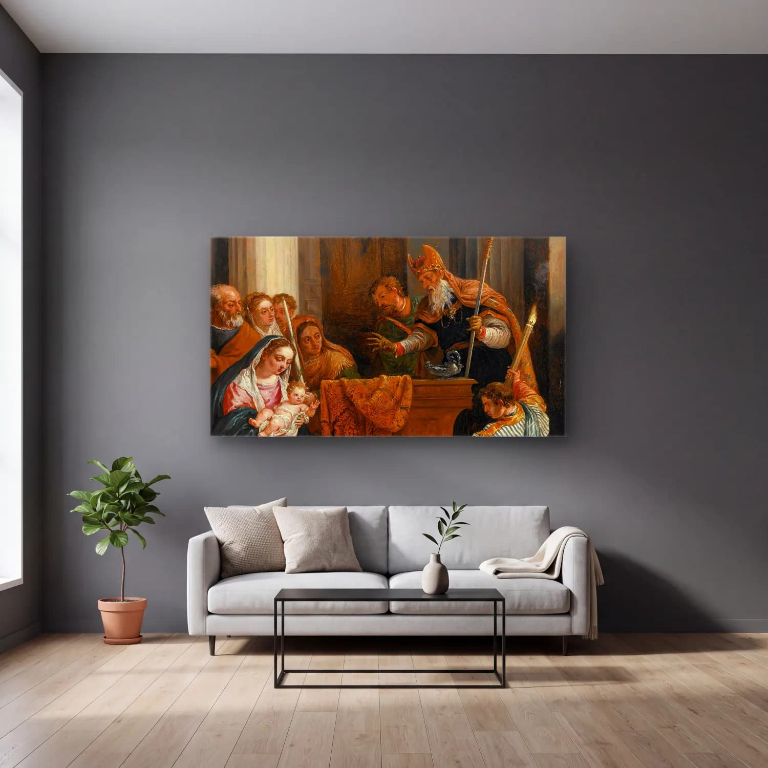 David Teniers The Younger – The Presentation In The Temple cam tablo — gri duvarlı salonda