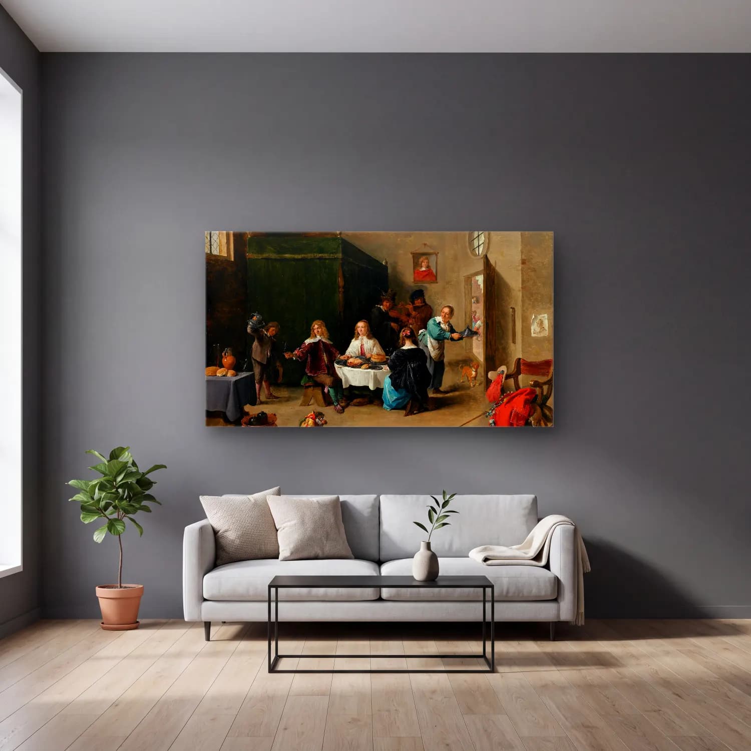 David Teniers The Younger – The Prodigal Son cam tablo — gri duvarlı salonda