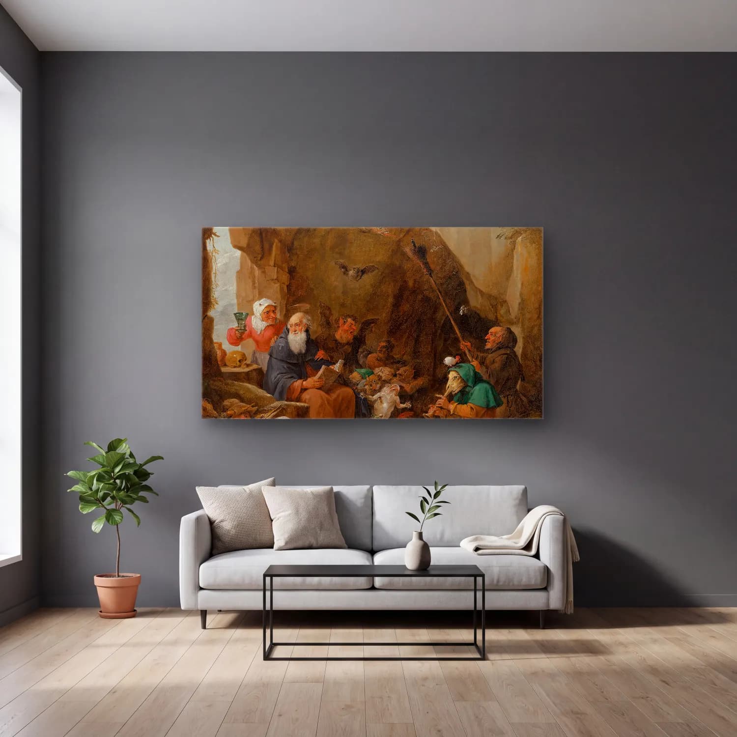 David Teniers The Younger – The Temptation of Saint Anthony cam tablo — gri duvarlı salonda