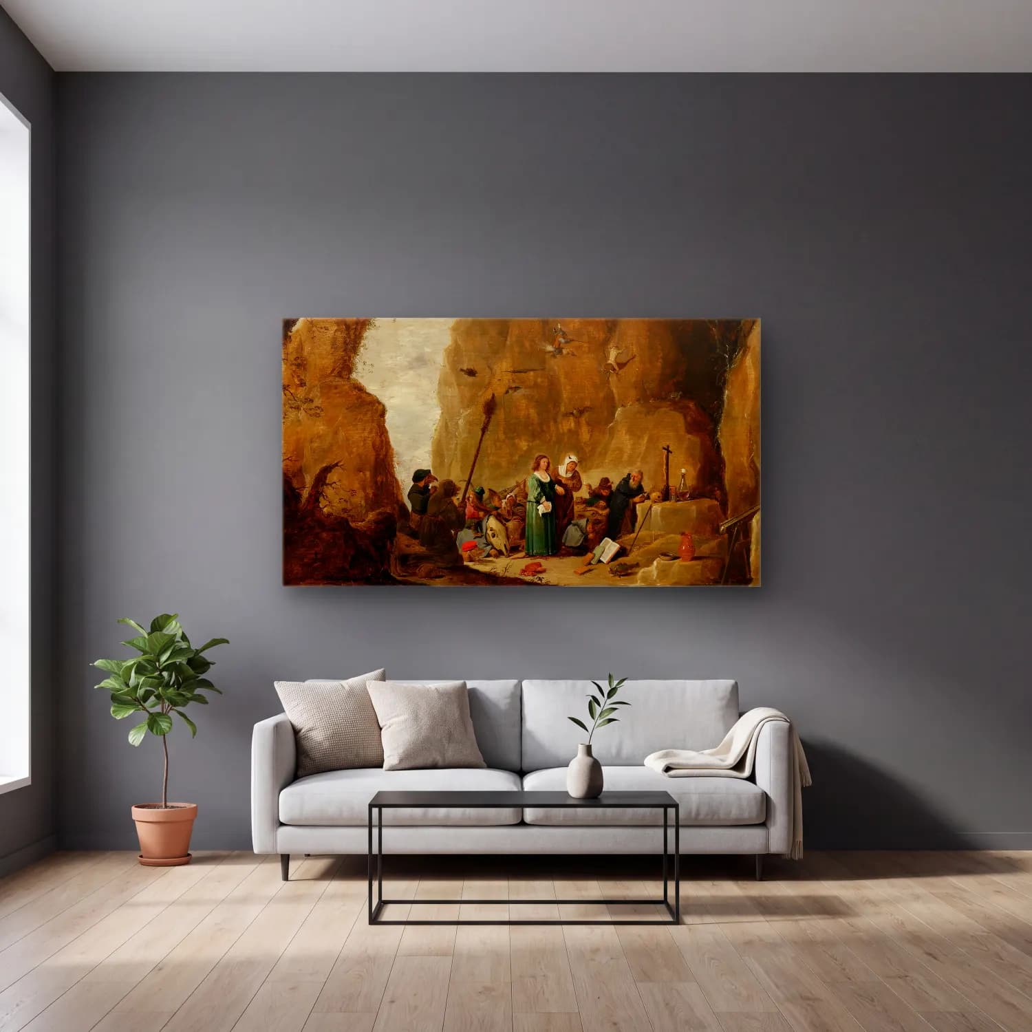 David Teniers The Younger – The Temptation of St. Anthony (17th century) cam tablo — gri duvarlı salonda