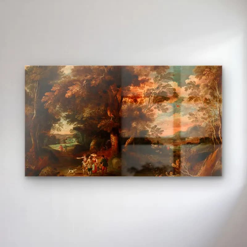David Vinckboons – A wooded landscape with travellers cam tablo — David Vinckboons – A wooded landscape with travellers — yağlı boya mitolojik sahne
