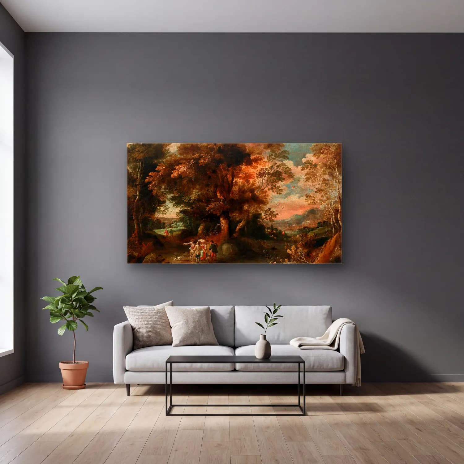 David Vinckboons – A wooded landscape with travellers cam tablo — gri duvarlı salonda