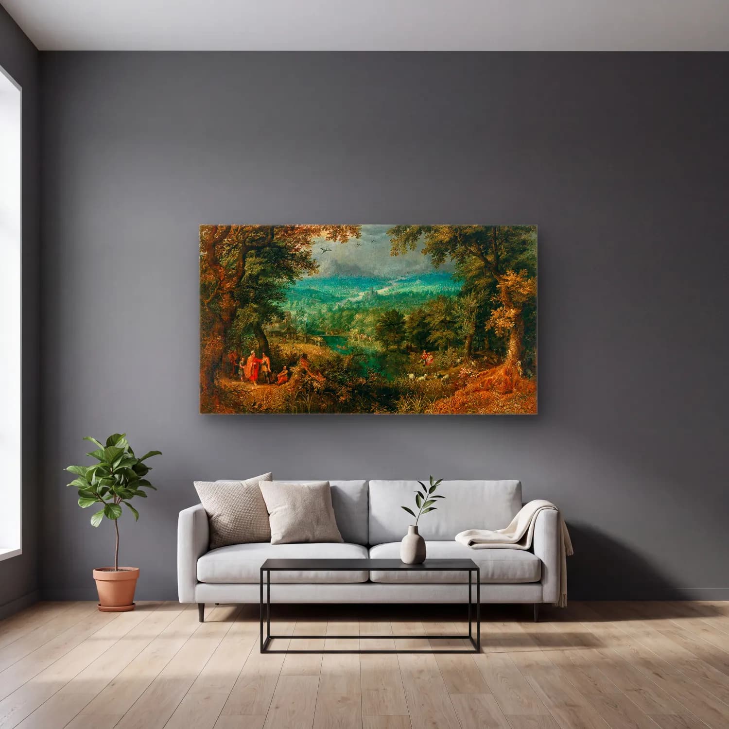 David Vinckboons – An extensive wooded landscape with biblical staffage cam tablo — gri duvarlı salonda