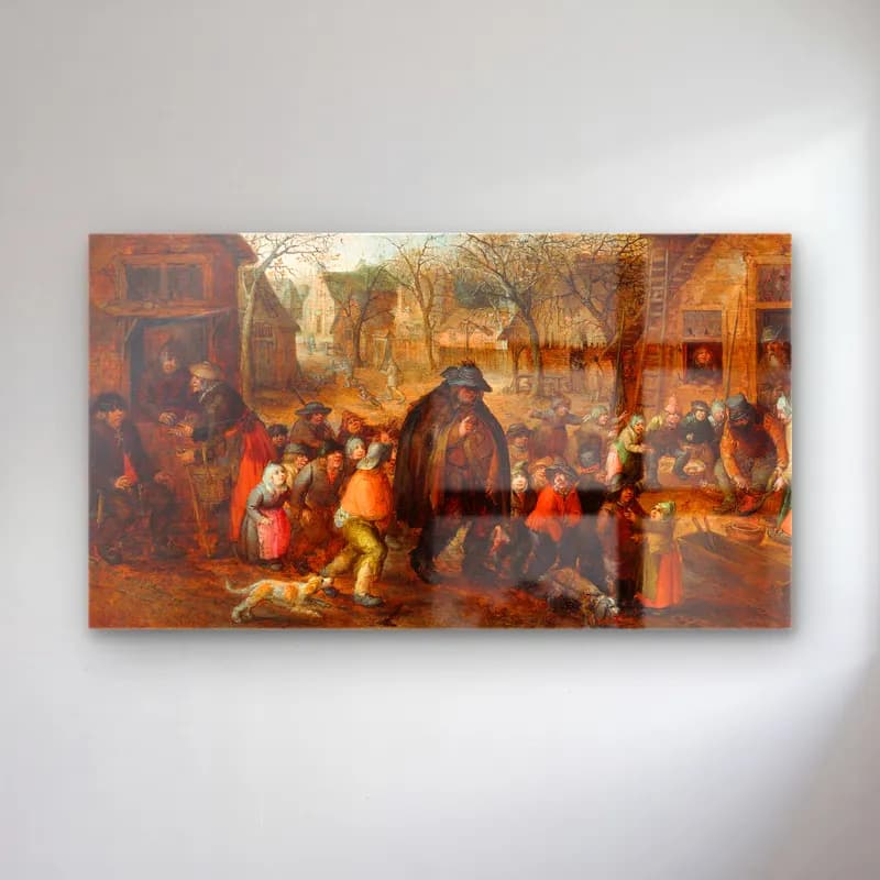 David Vinckboons – Blind Hurdy-Gurdy Player cam tablo — David Vinckboons – Blind Hurdy-Gurdy Player — yağlı boya kalabalık cadde