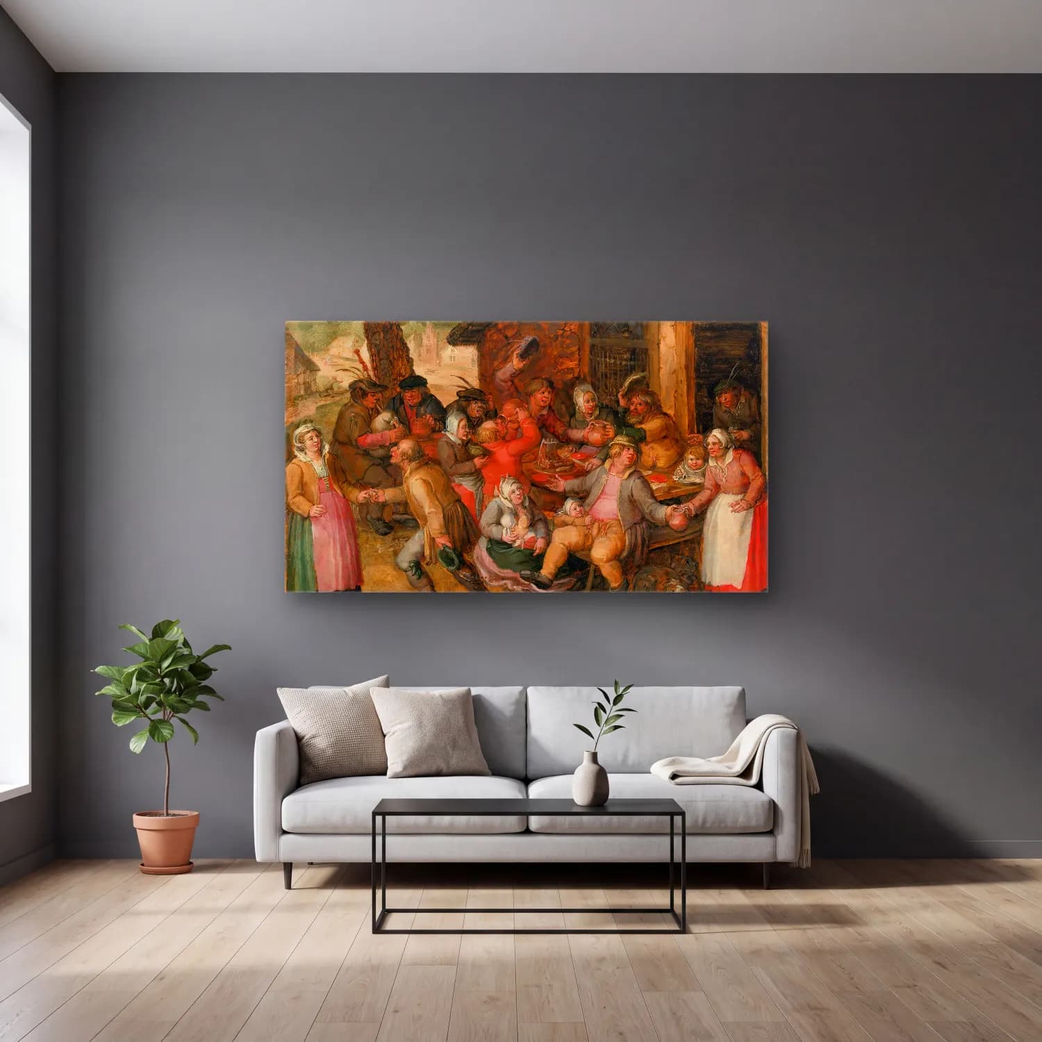 David Vinckboons – Peasant Feast cam tablo — gri duvarlı salonda
