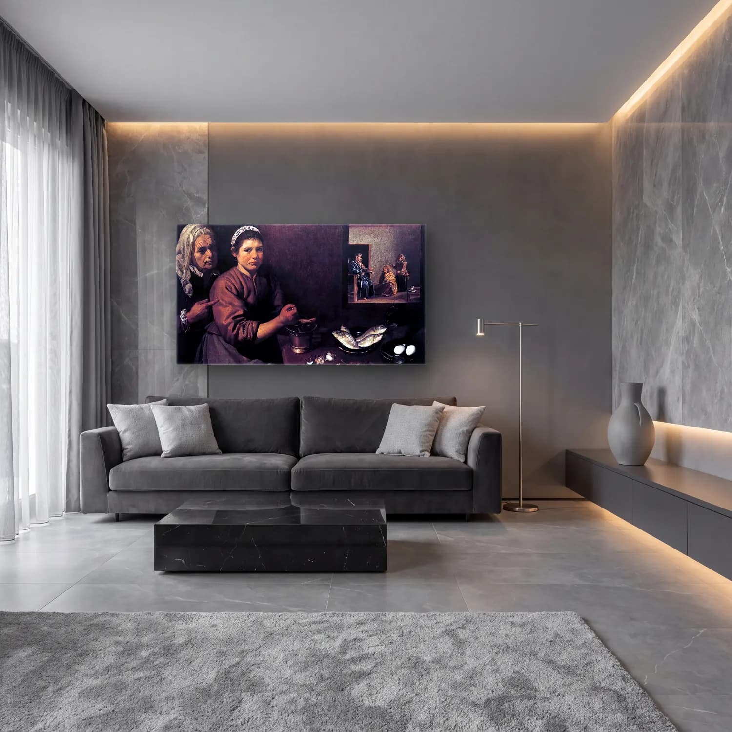 Yağlı Boya Kadın Portresi – Siyah Beyaz Tonlar cam tablo — lüks salon duvarında