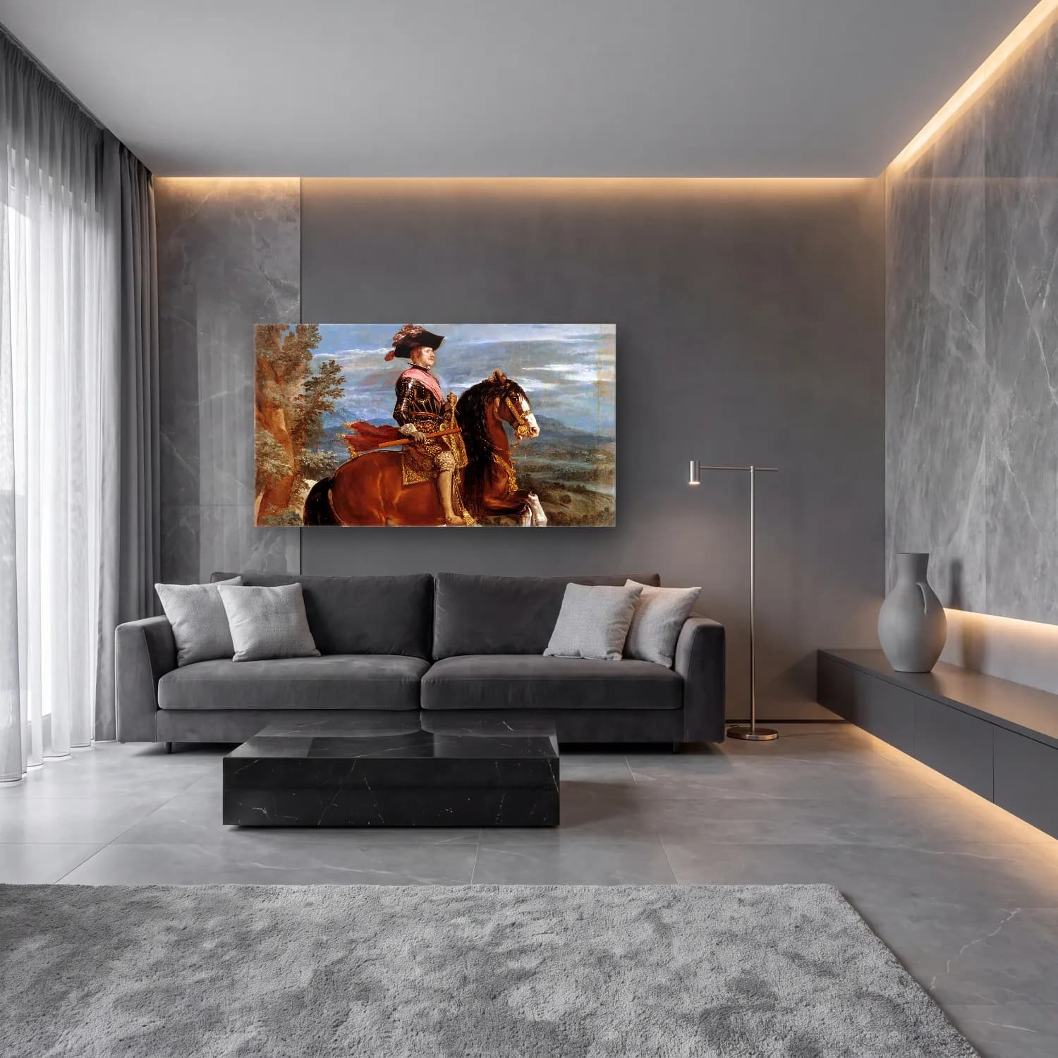 Yağlı Boya Şövalye – Pembe Tonlar cam tablo — lüks salon duvarında