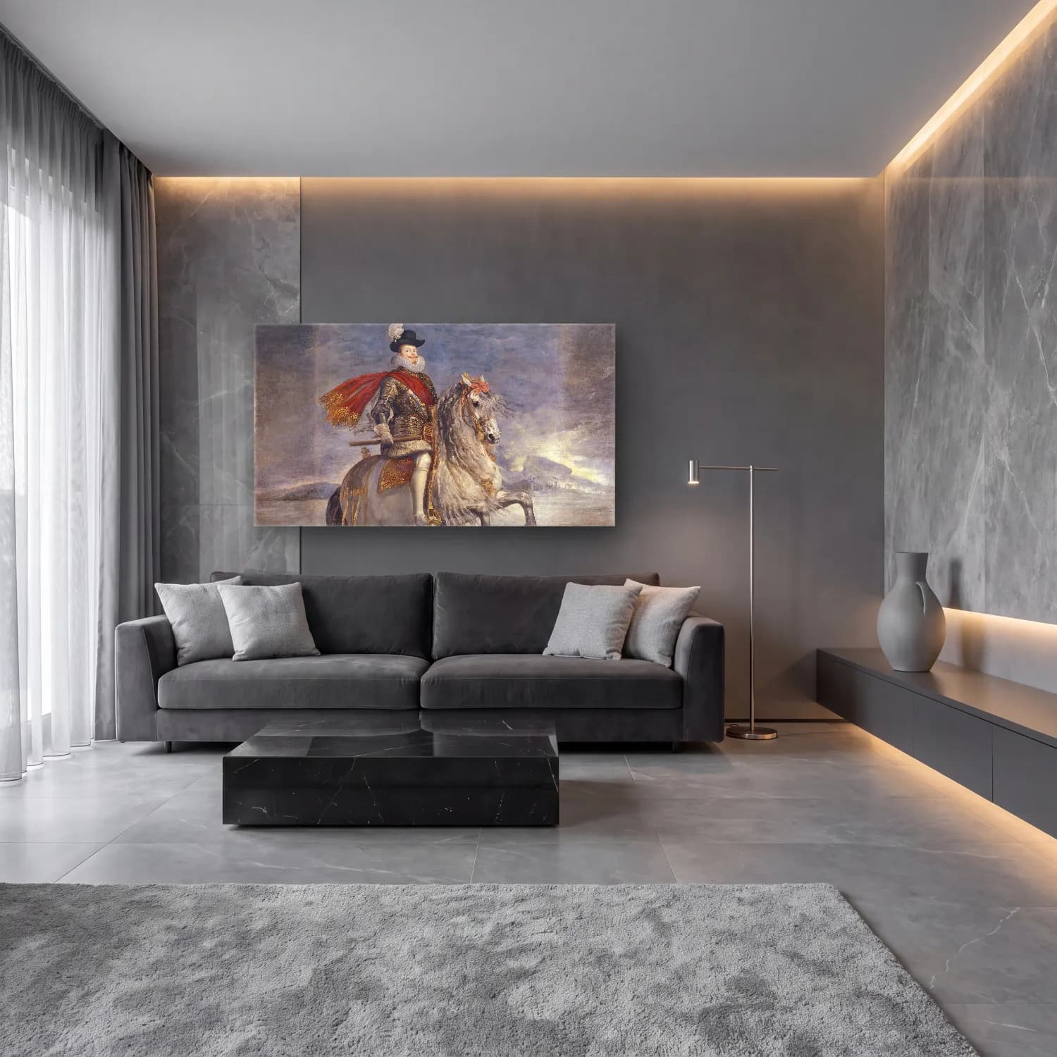 Yağlı Boya Şövalye – Siyah Beyaz Tonlar cam tablo — lüks salon duvarında