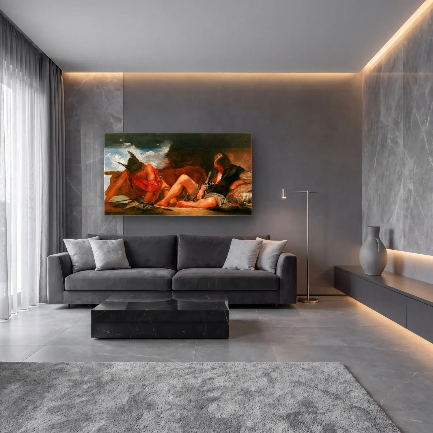 Yağlı Boya Mitolojik Sahne – Siyah Beyaz Tonlar cam tablo — lüks salon duvarında