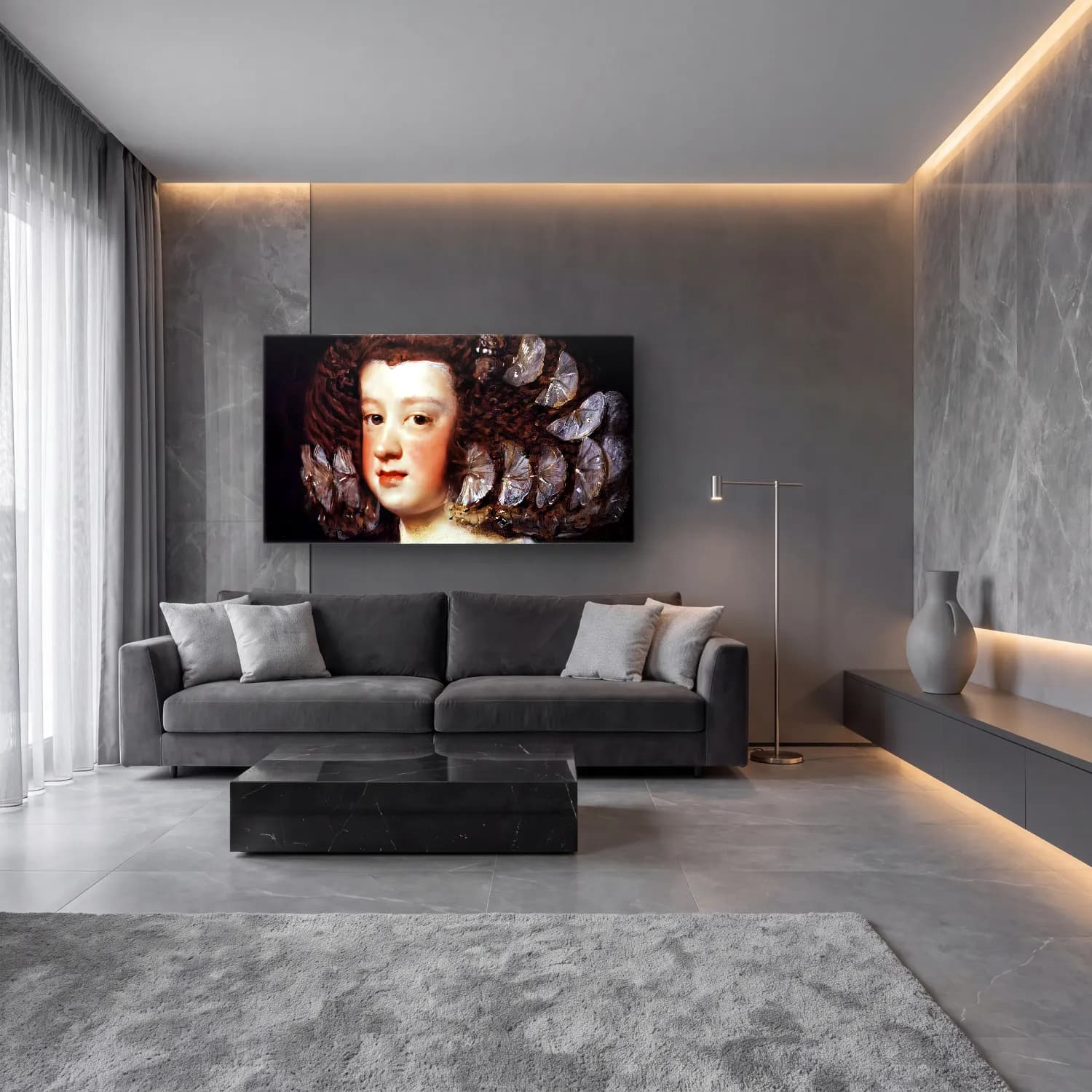 Yağlı Boya Kız Çocuğu Portresi – Siyah Beyaz Tonlar cam tablo — lüks salon duvarında