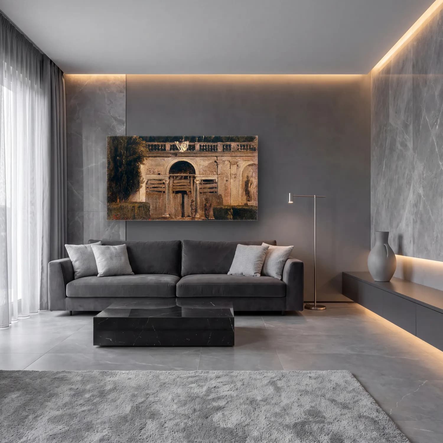 Yağlı Boya Dini Sahne – Bej Tonlar cam tablo — lüks salon duvarında