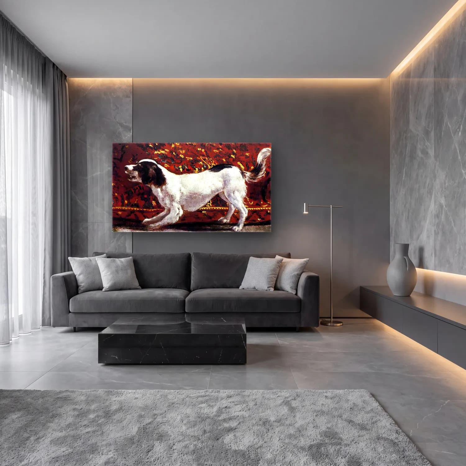 Empresyonist Köpek – Siyah Beyaz Tonlar cam tablo — lüks salon duvarında