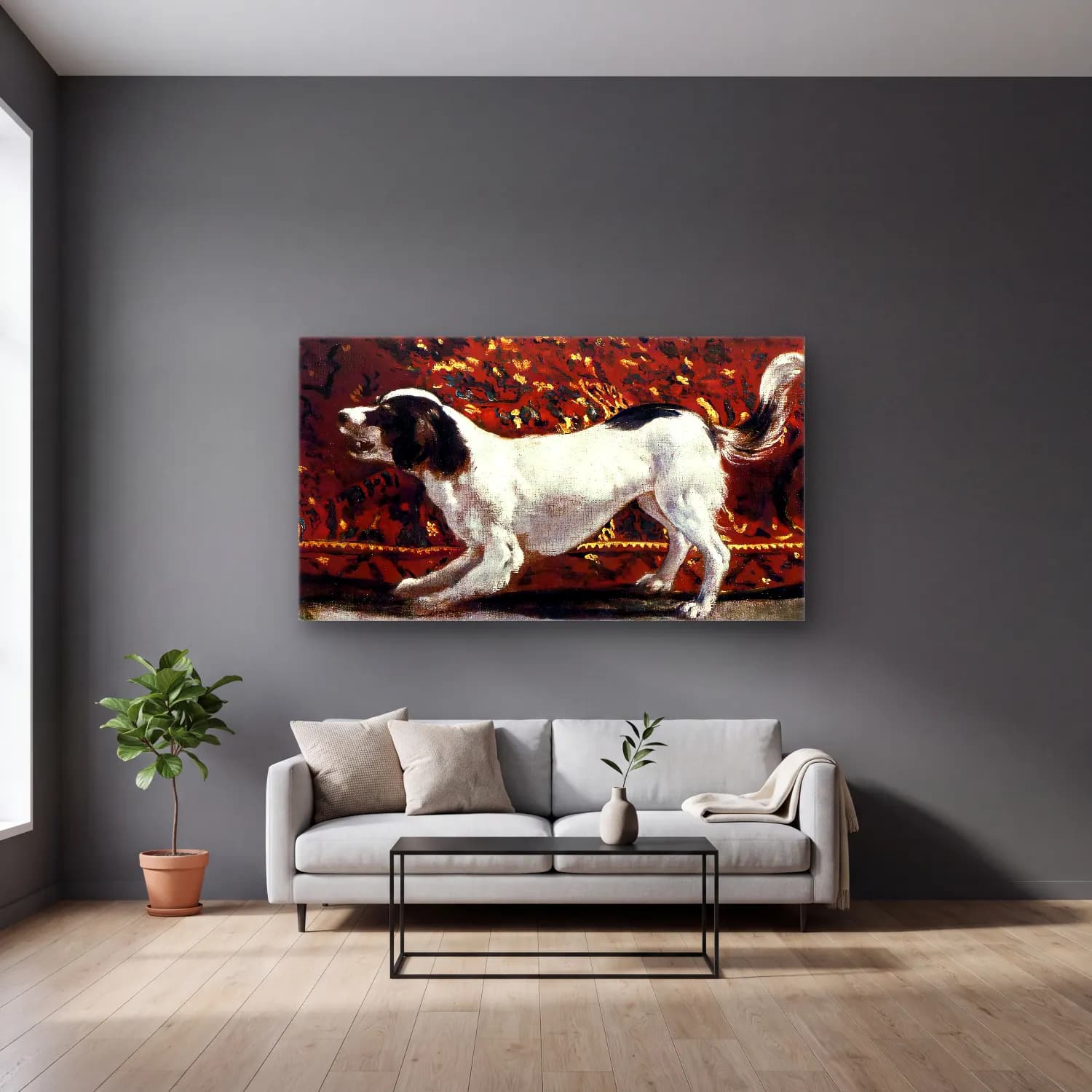 Empresyonist Köpek – Siyah Beyaz Tonlar cam tablo — gri duvarlı salonda