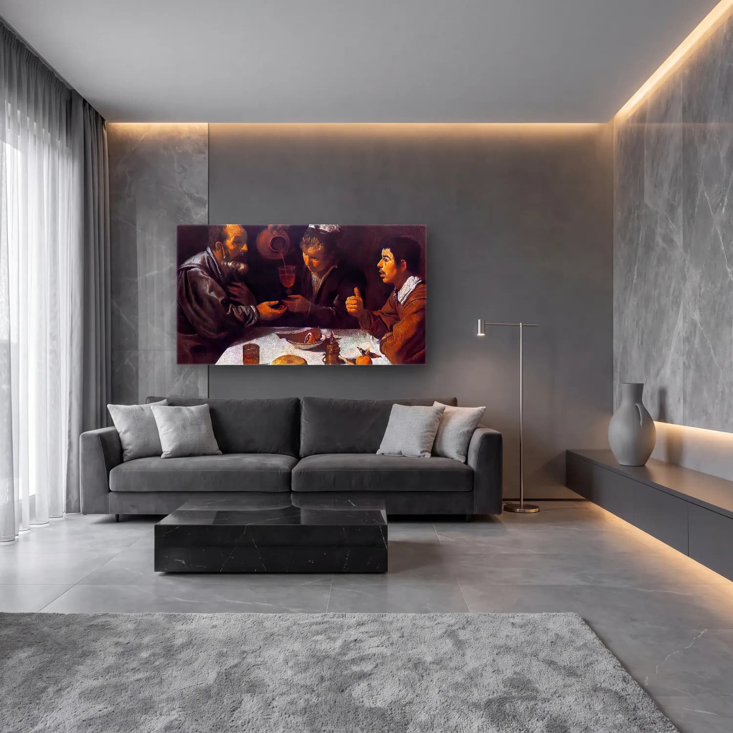 Yağlı Boya Kadeh Şarap – Siyah Beyaz Tonlar cam tablo — lüks salon duvarında