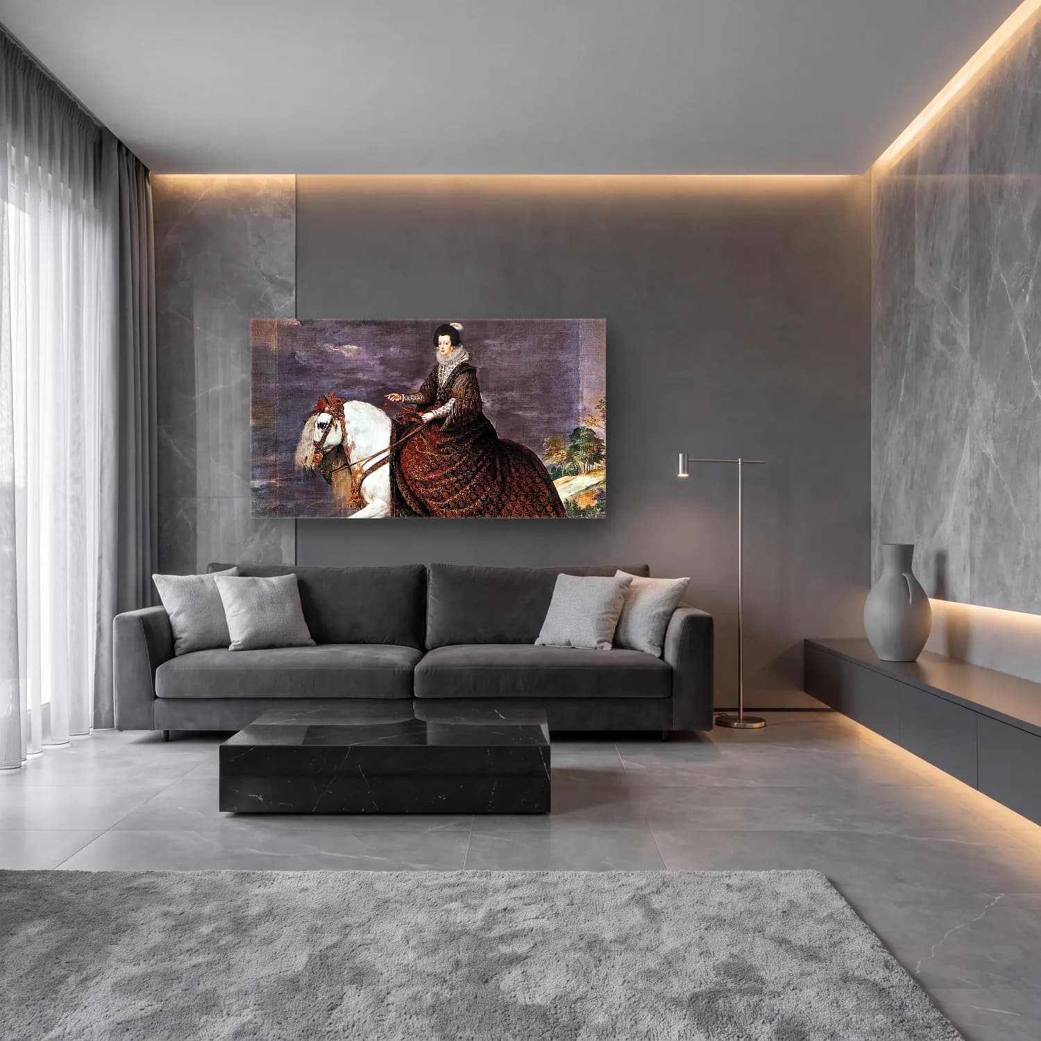 Yağlı Boya Atlı – Siyah Beyaz Tonlar cam tablo — lüks salon duvarında