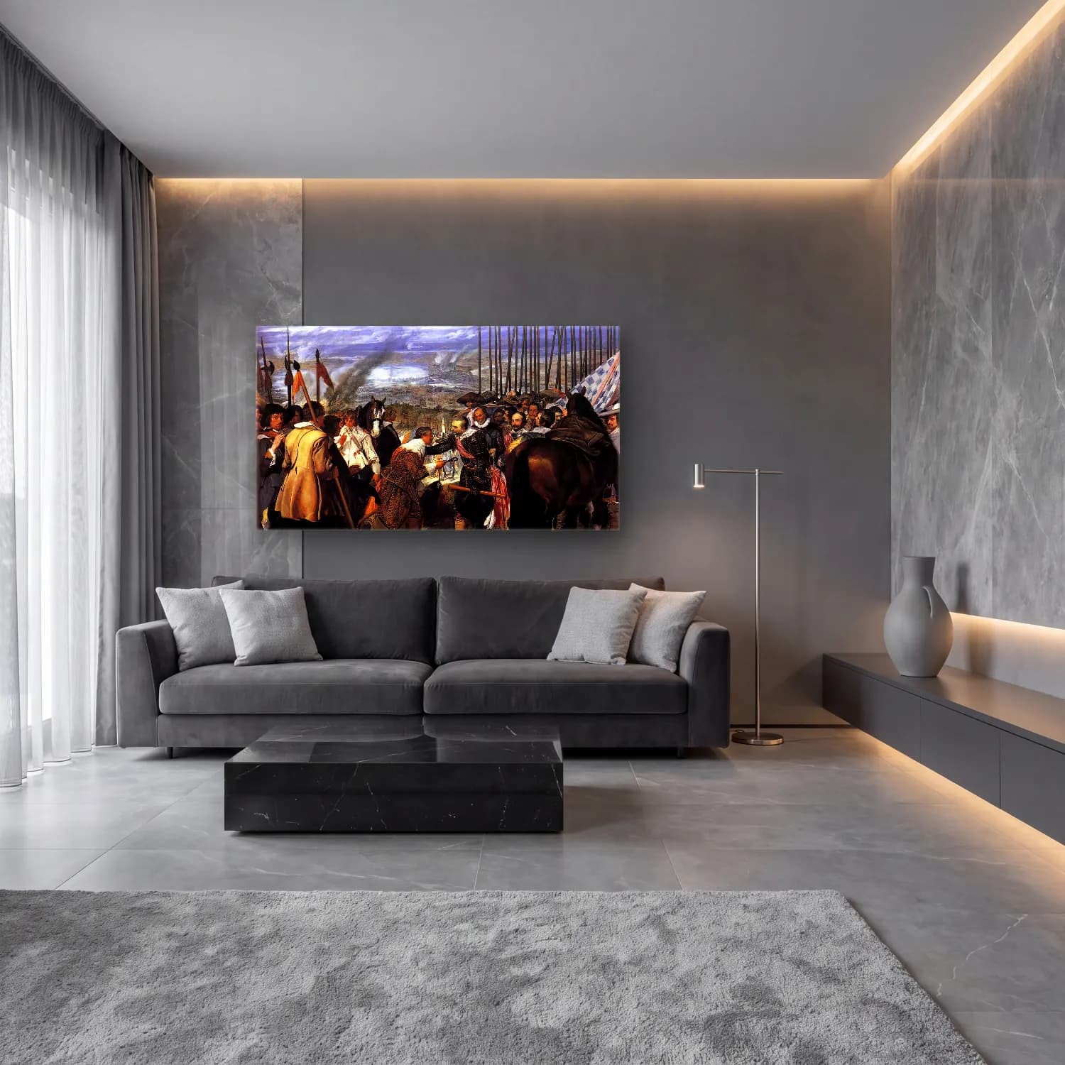 Yağlı Boya Savaş Sahnesi – Siyah Beyaz Tonlar cam tablo — lüks salon duvarında