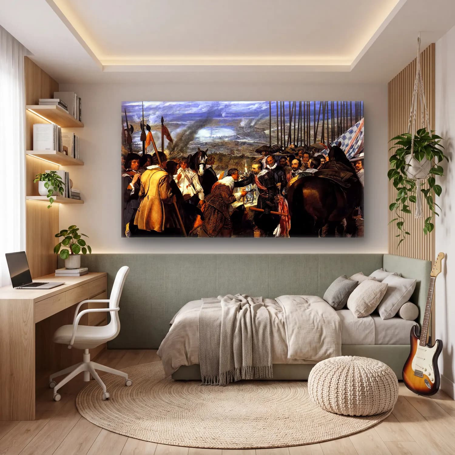 Yağlı Boya Savaş Sahnesi – Siyah Beyaz Tonlar cam tablo — genç odasında