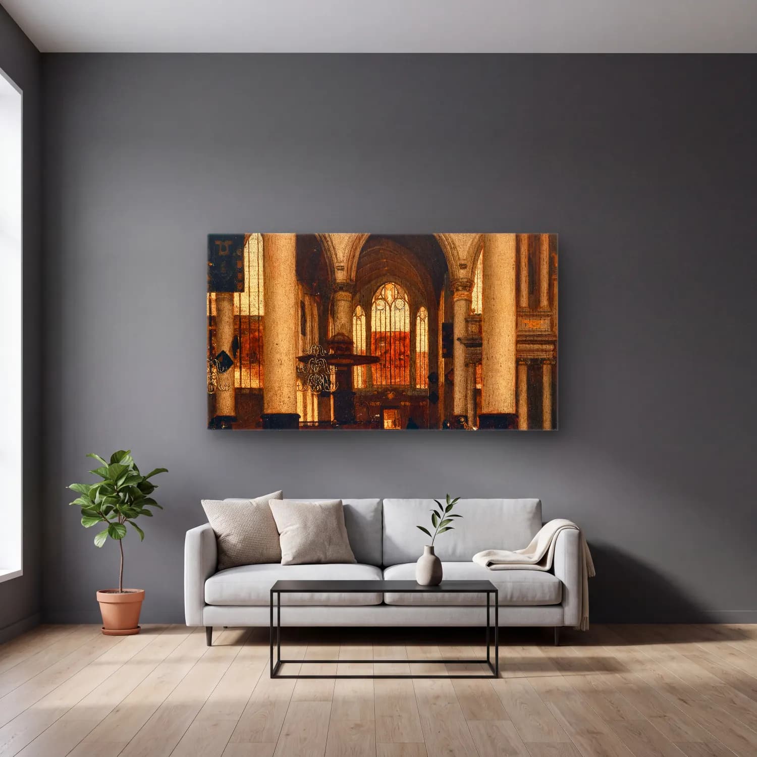 Emanuel de Witte – An interior of a Protestant Gothic church cam tablo — gri duvarlı salonda