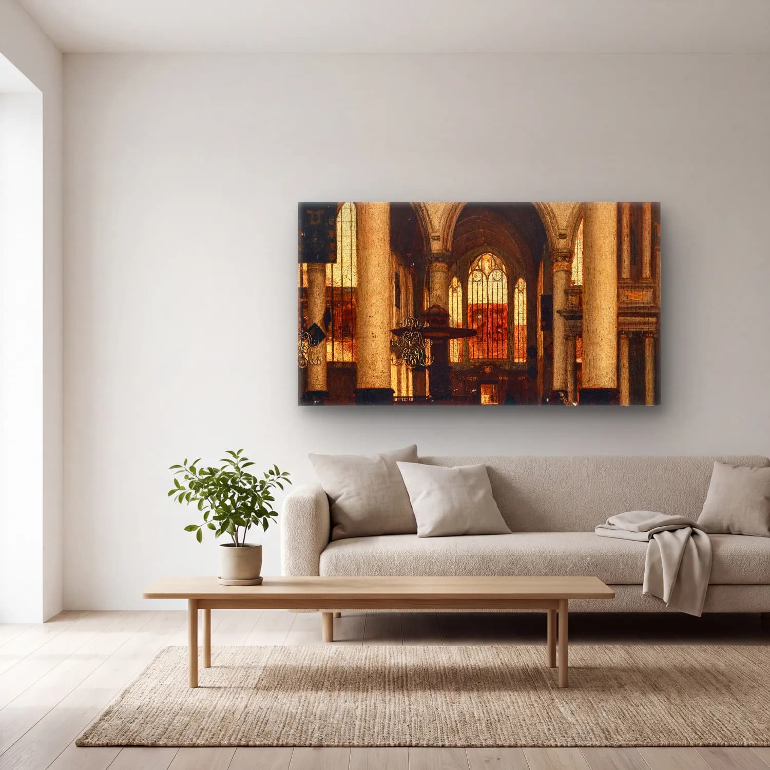 Emanuel de Witte – An interior of a Protestant Gothic church cam tablo — açık renk salonda