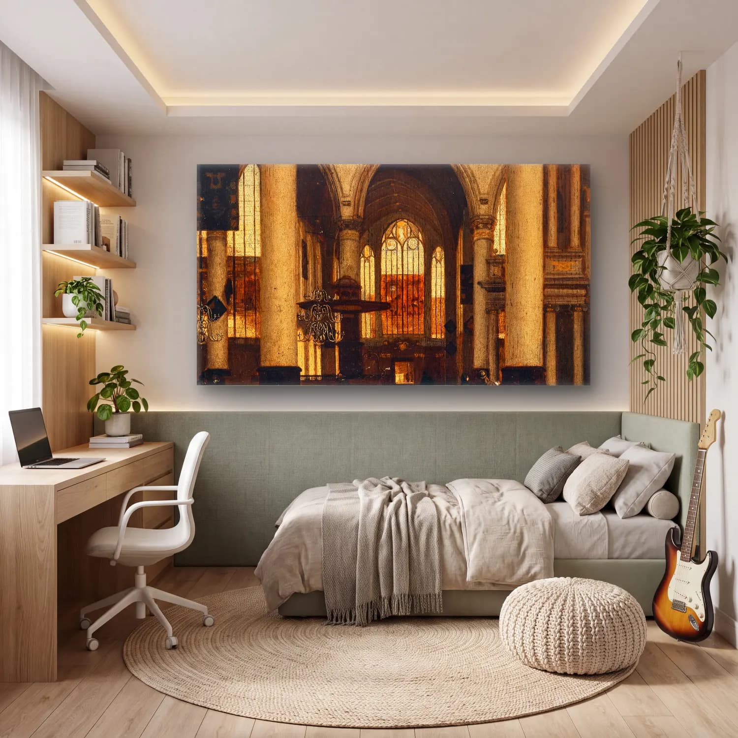 Emanuel de Witte – An interior of a Protestant Gothic church cam tablo — genç odasında