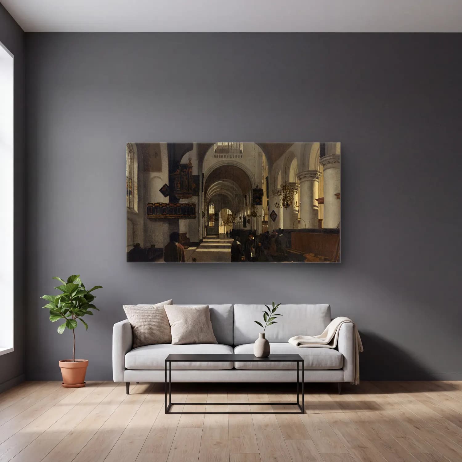 Emanuel de Witte – Interior of a Church cam tablo — gri duvarlı salonda
