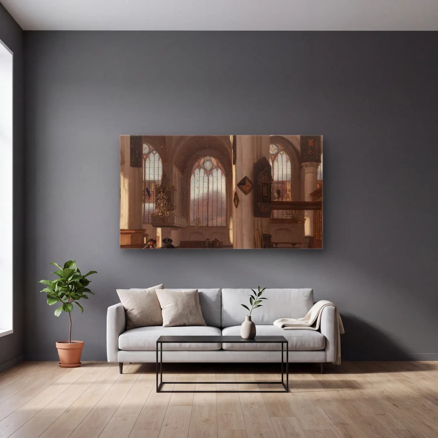 Emanuel de Witte – Interior of a Church – Bej Tonlar cam tablo — gri duvarlı salonda