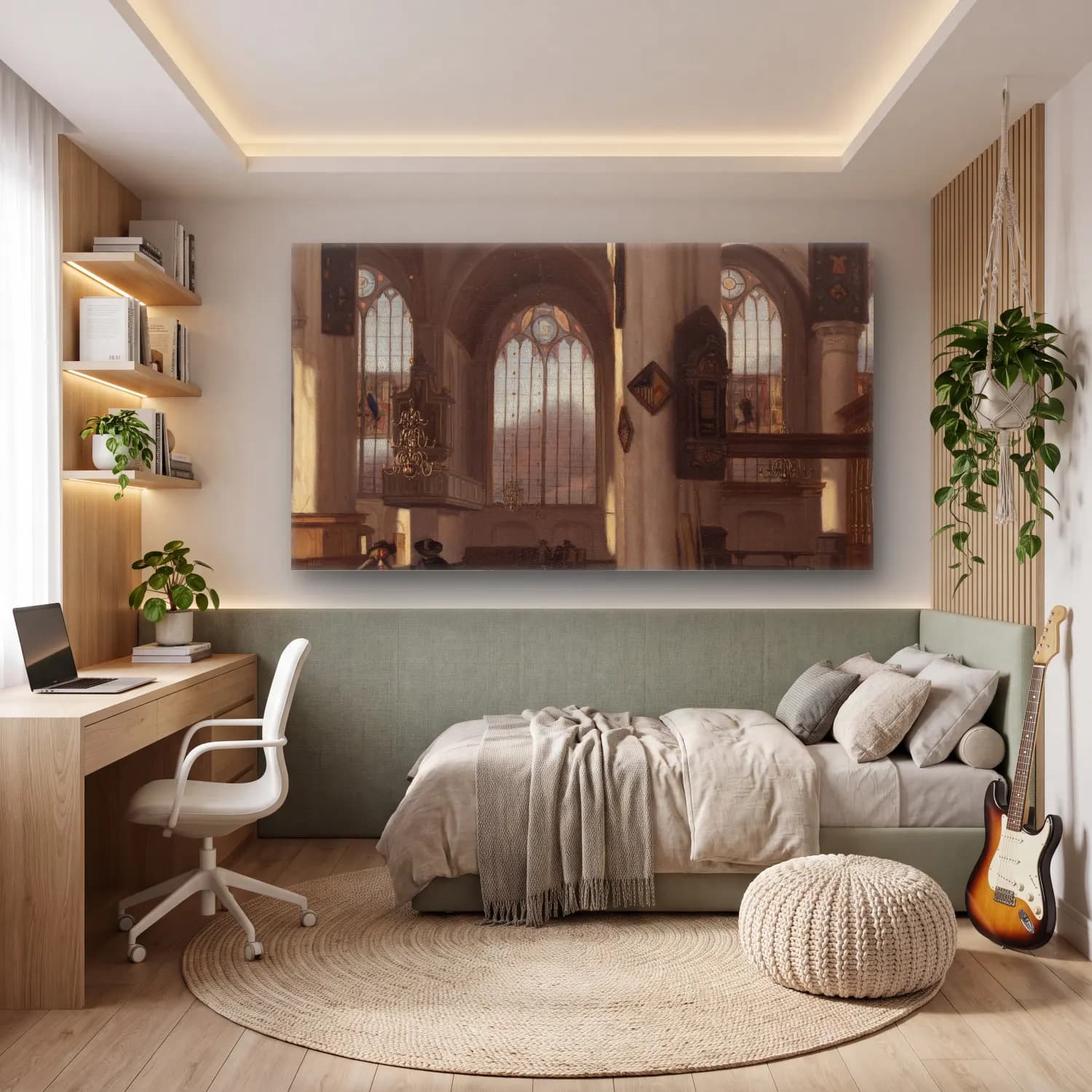 Emanuel de Witte – Interior of a Church – Bej Tonlar cam tablo — genç odasında