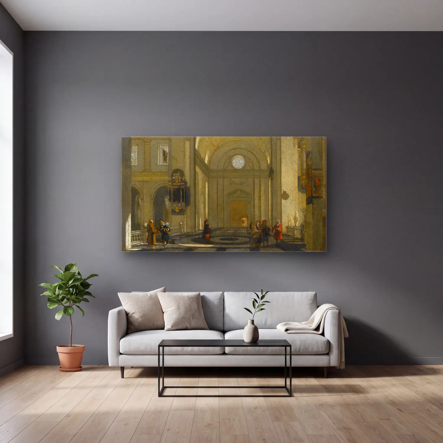 Emanuel de Witte – Interior of a Church No. 4 cam tablo — gri duvarlı salonda