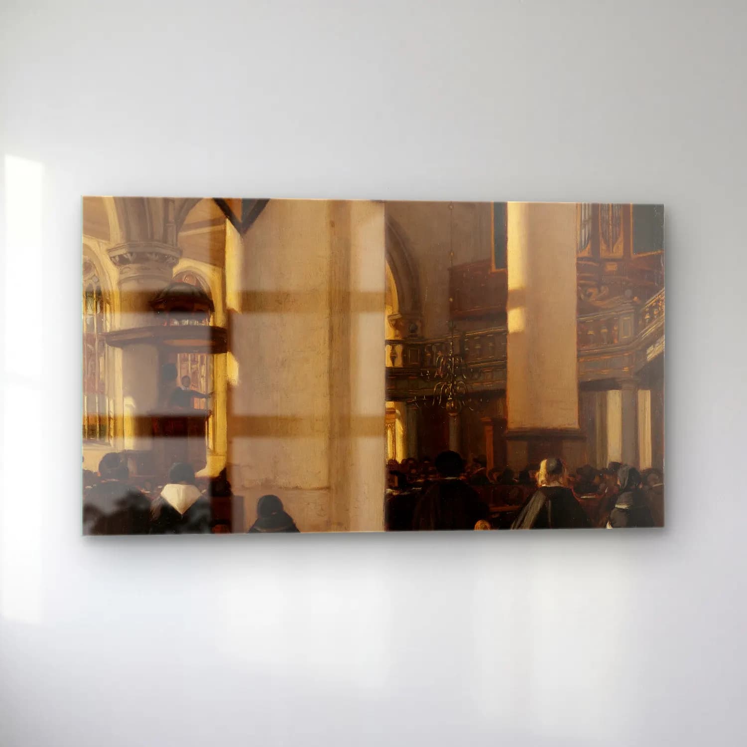 Emanuel de Witte – Interior of a Protestant, Gothic Church during a Service cam tablo — sol açıdan görünüm