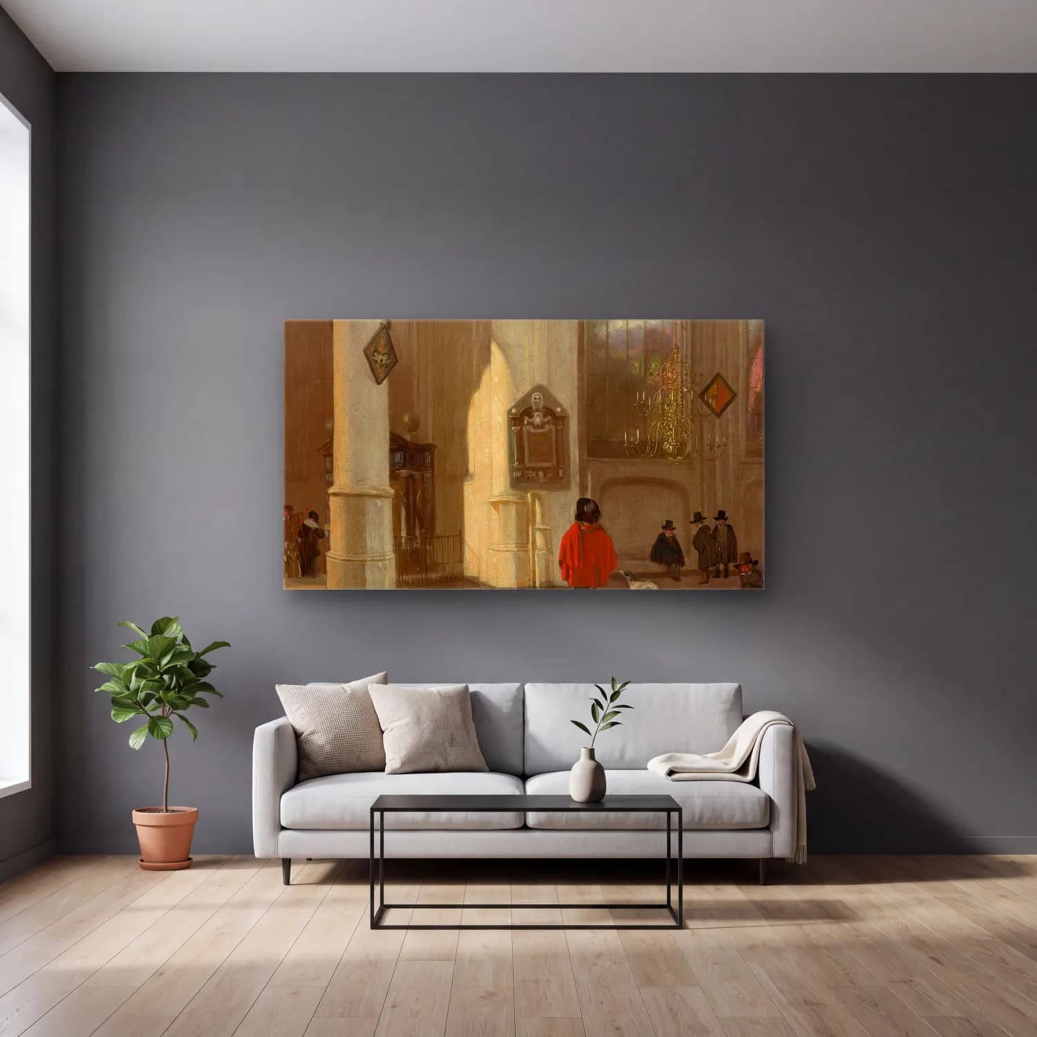 Emanuel de Witte – Interior of the Oude Kerk in Delft cam tablo — gri duvarlı salonda