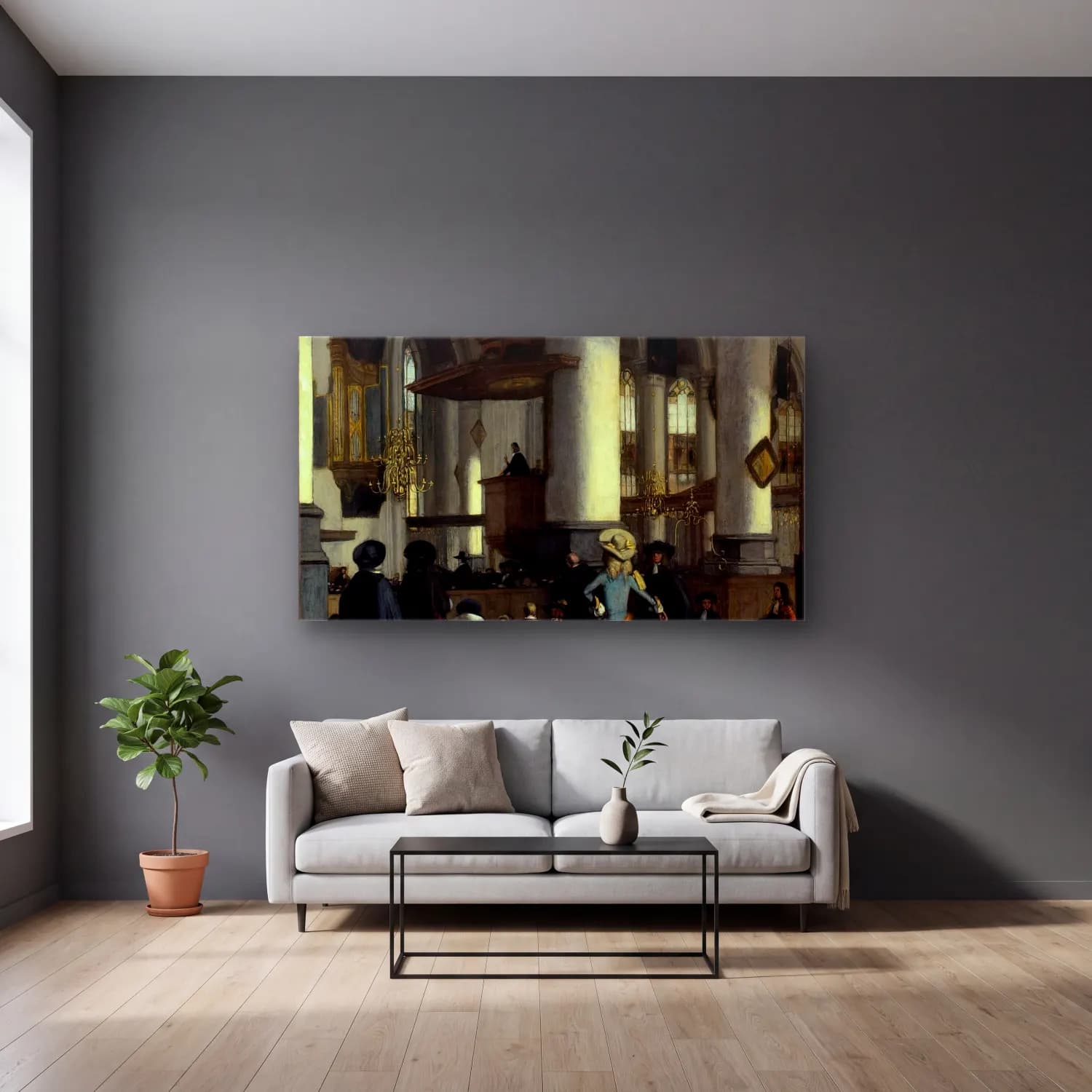 Emanuel de Witte – Interior of the Oude Kerk, Delft cam tablo — gri duvarlı salonda