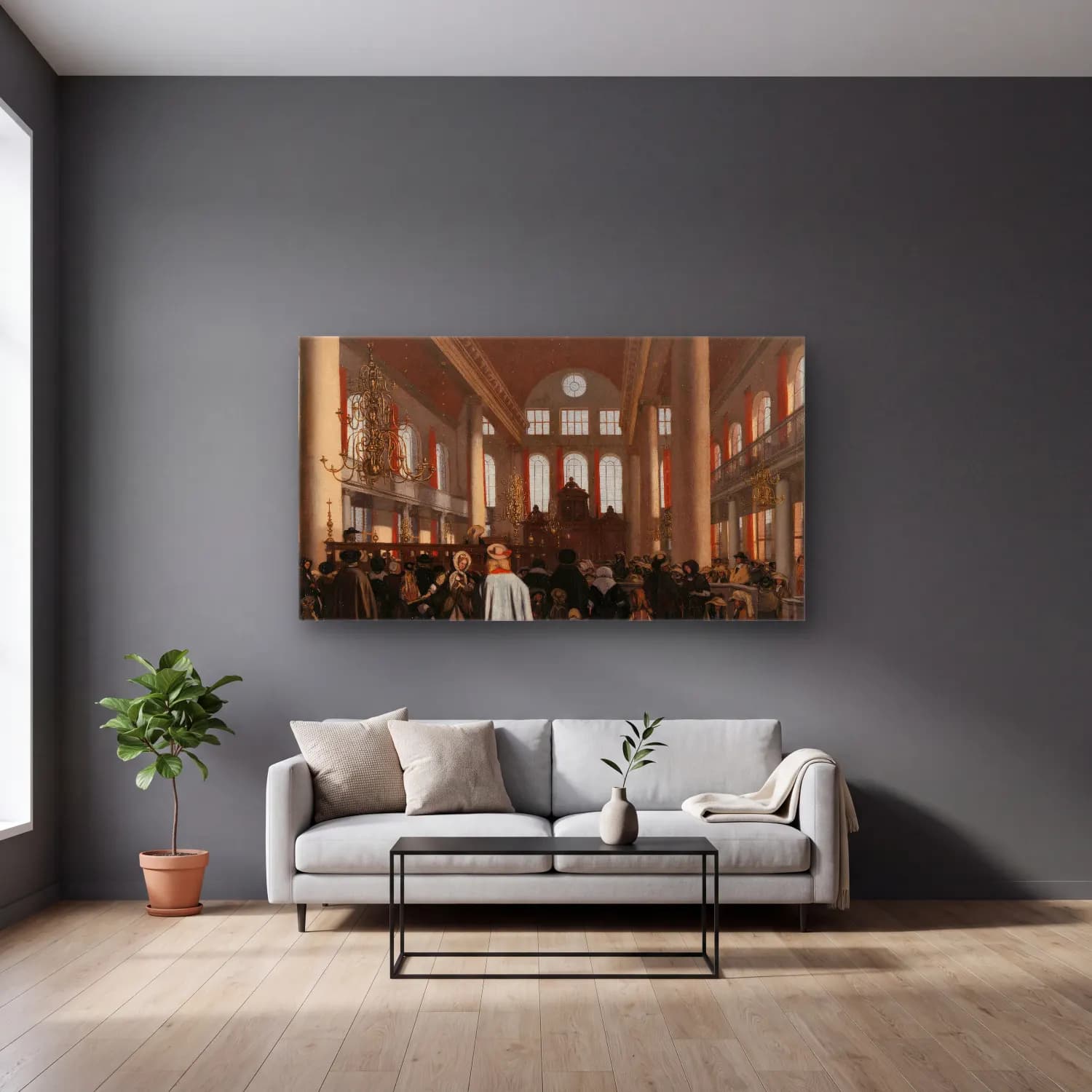 Emanuel de Witte – Interior of the Portuguese Synagogue in Amsterdam cam tablo — gri duvarlı salonda