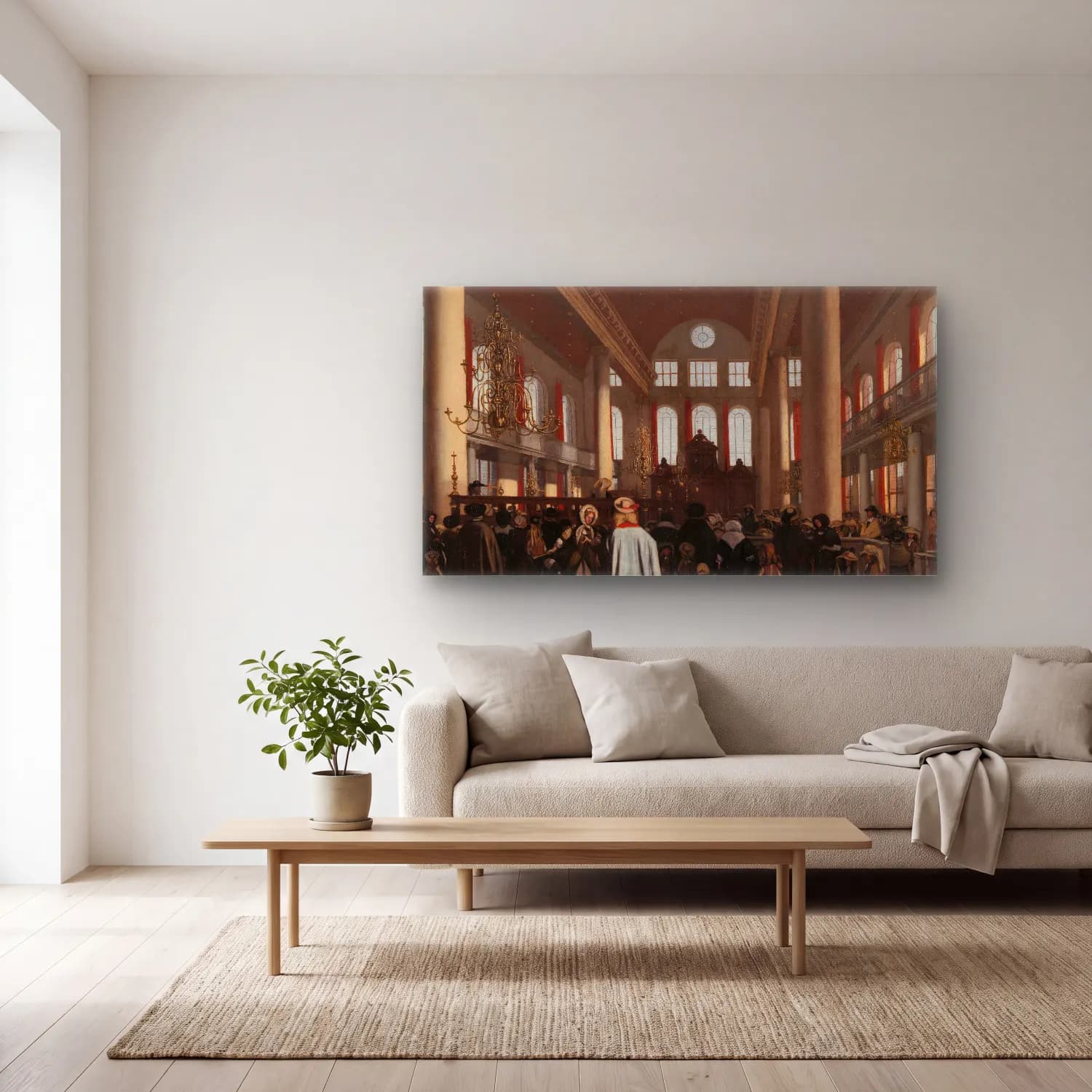 Emanuel de Witte – Interior of the Portuguese Synagogue in Amsterdam cam tablo — açık renk salonda