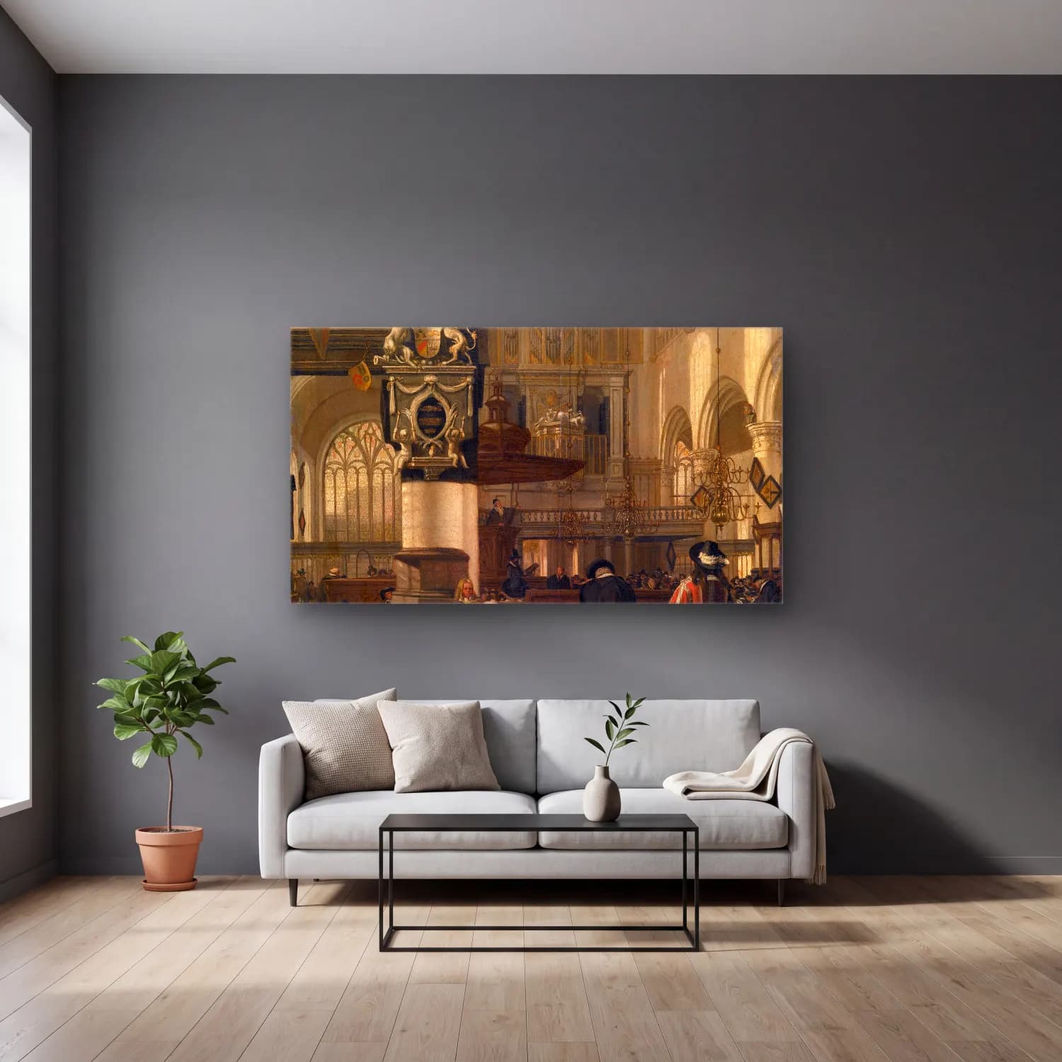 Emanuel de Witte – Interior of the Protestant Church cam tablo — gri duvarlı salonda