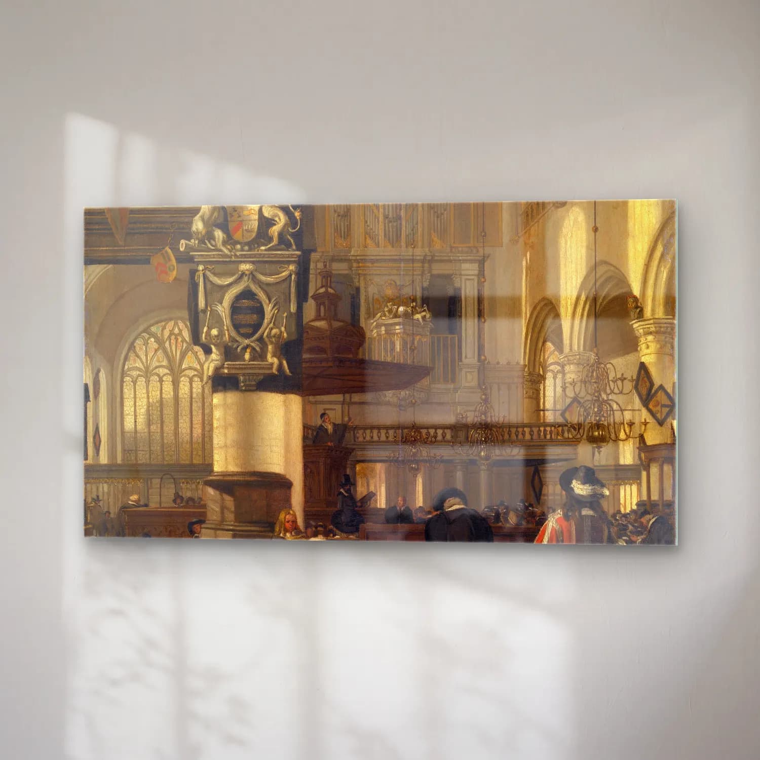 Emanuel de Witte – Interior of the Protestant Church cam tablo — sağ açıdan görünüm