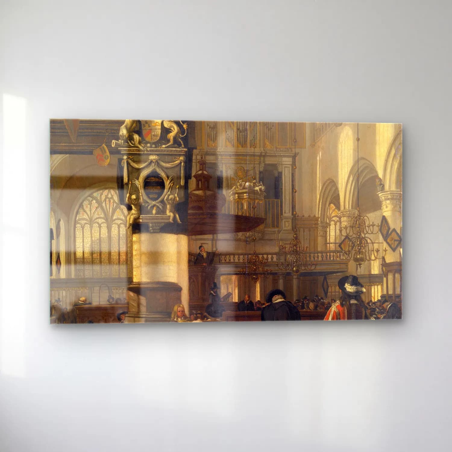 Emanuel de Witte – Interior of the Protestant Church cam tablo — sol açıdan görünüm