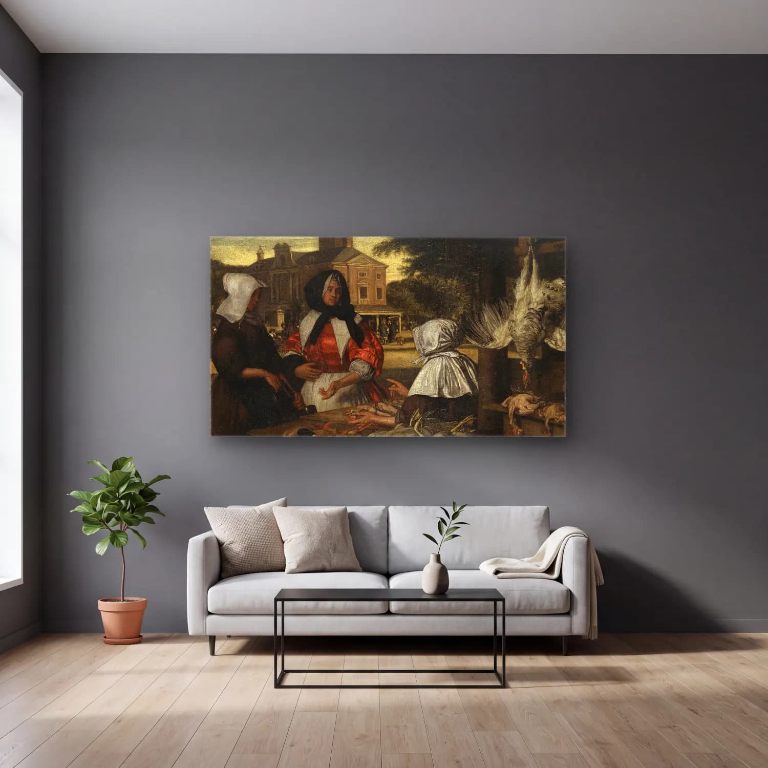 Emanuel de Witte – The Birdmarket, Amsterdam cam tablo — gri duvarlı salonda