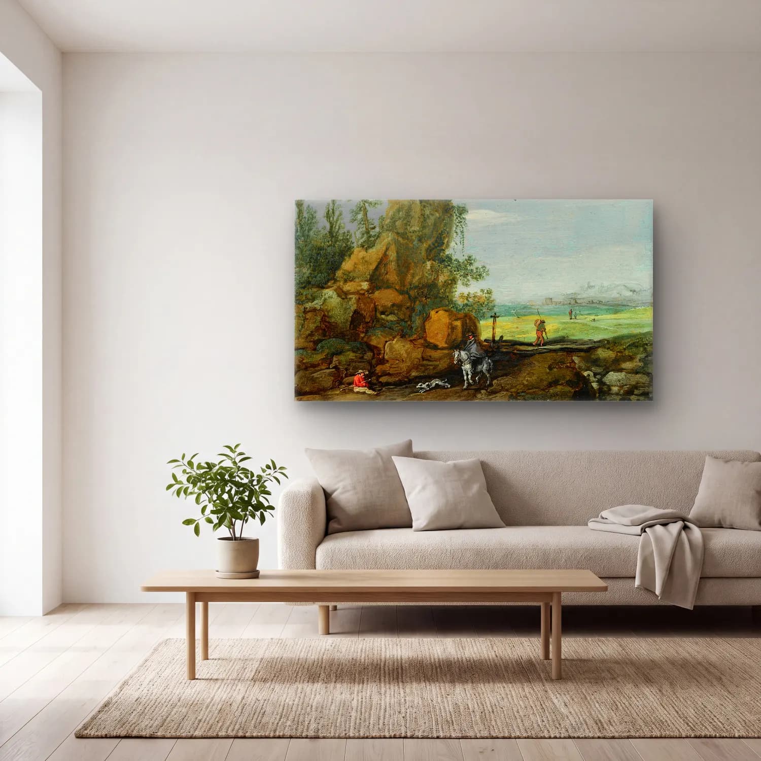 Esaias van de Velde – A Rocky Landscape With Travellers And A Horseman On A Path,… cam tablo — açık renk salonda