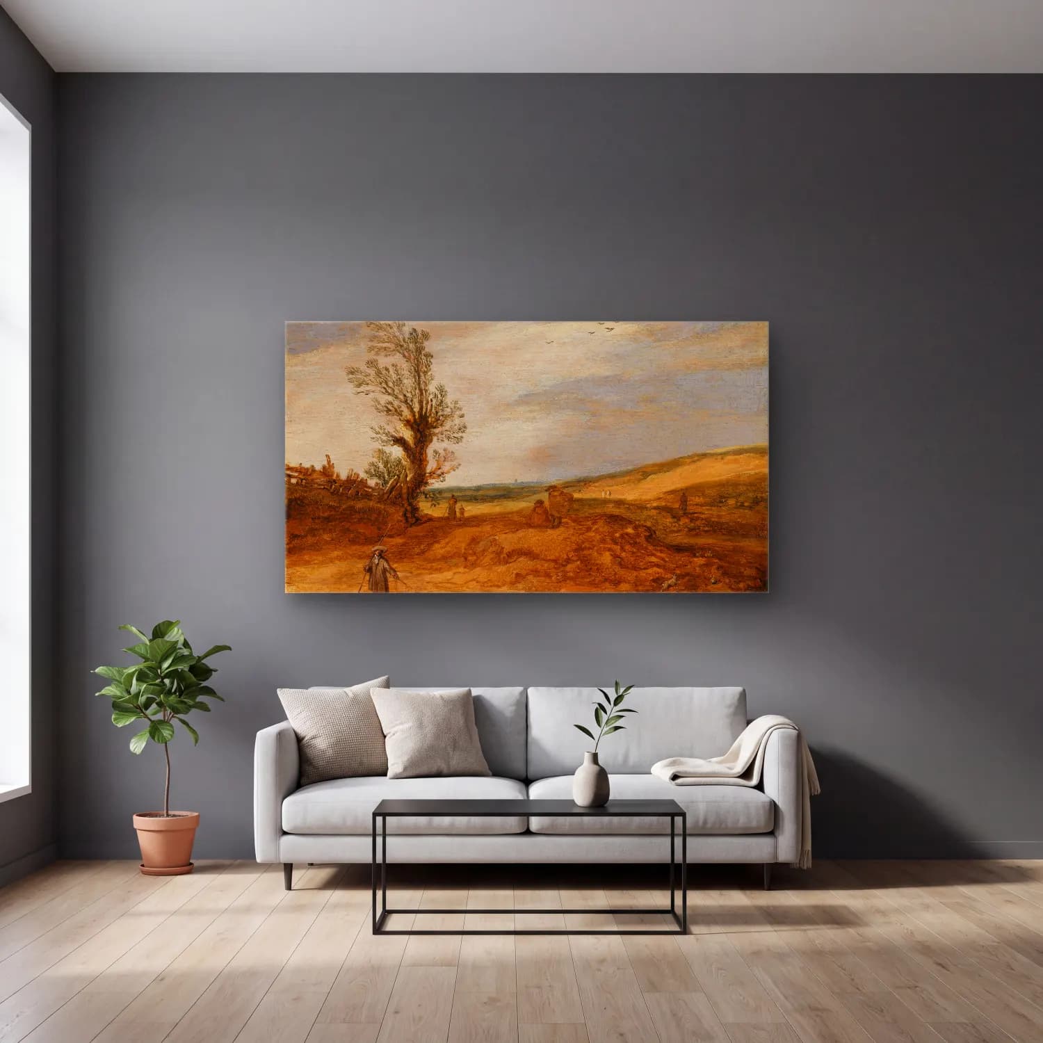 Esaias van de Velde – A View in the Dunes cam tablo — gri duvarlı salonda