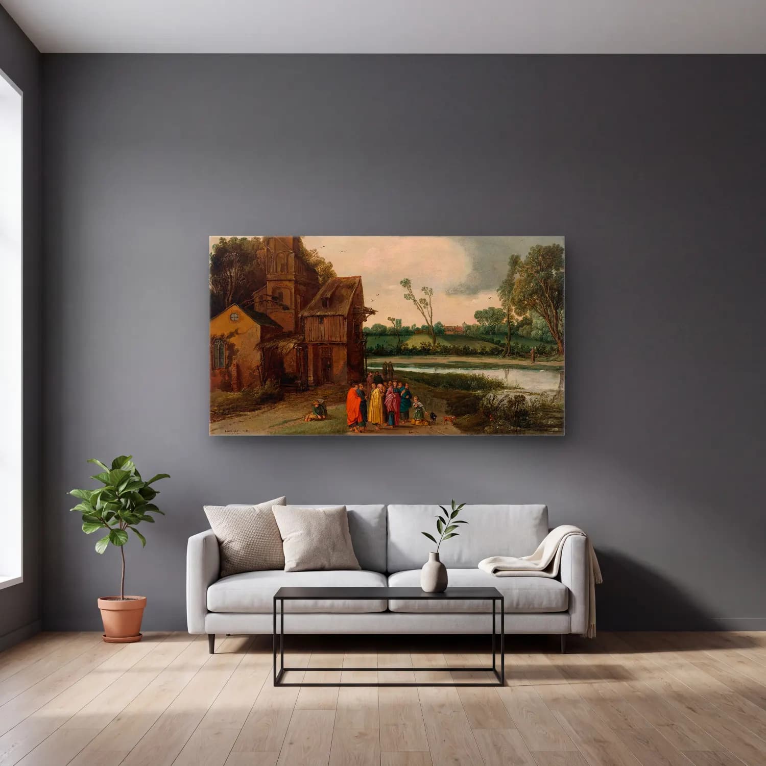Esaias van de Velde – A landscape with Christ and the Canaanite Woman cam tablo — gri duvarlı salonda